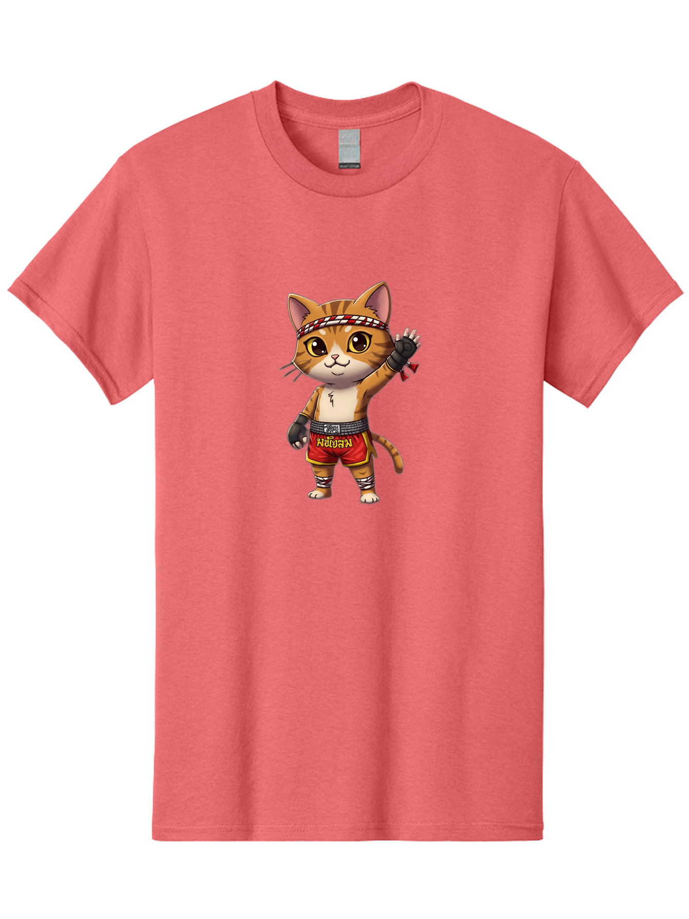 Muay-Thai-Cat-7 Men'S Graphic Tee, 100% Cotton, Comfortable Casual Summer Wear, Machine Washable, Cartoon Cat, Muay Thai Fighter, Martial Arts, Red Shorts, Black Gloves, Headband, Muay Thai, Fighting Cat, Kawaii, Anime Style, Bae556 15