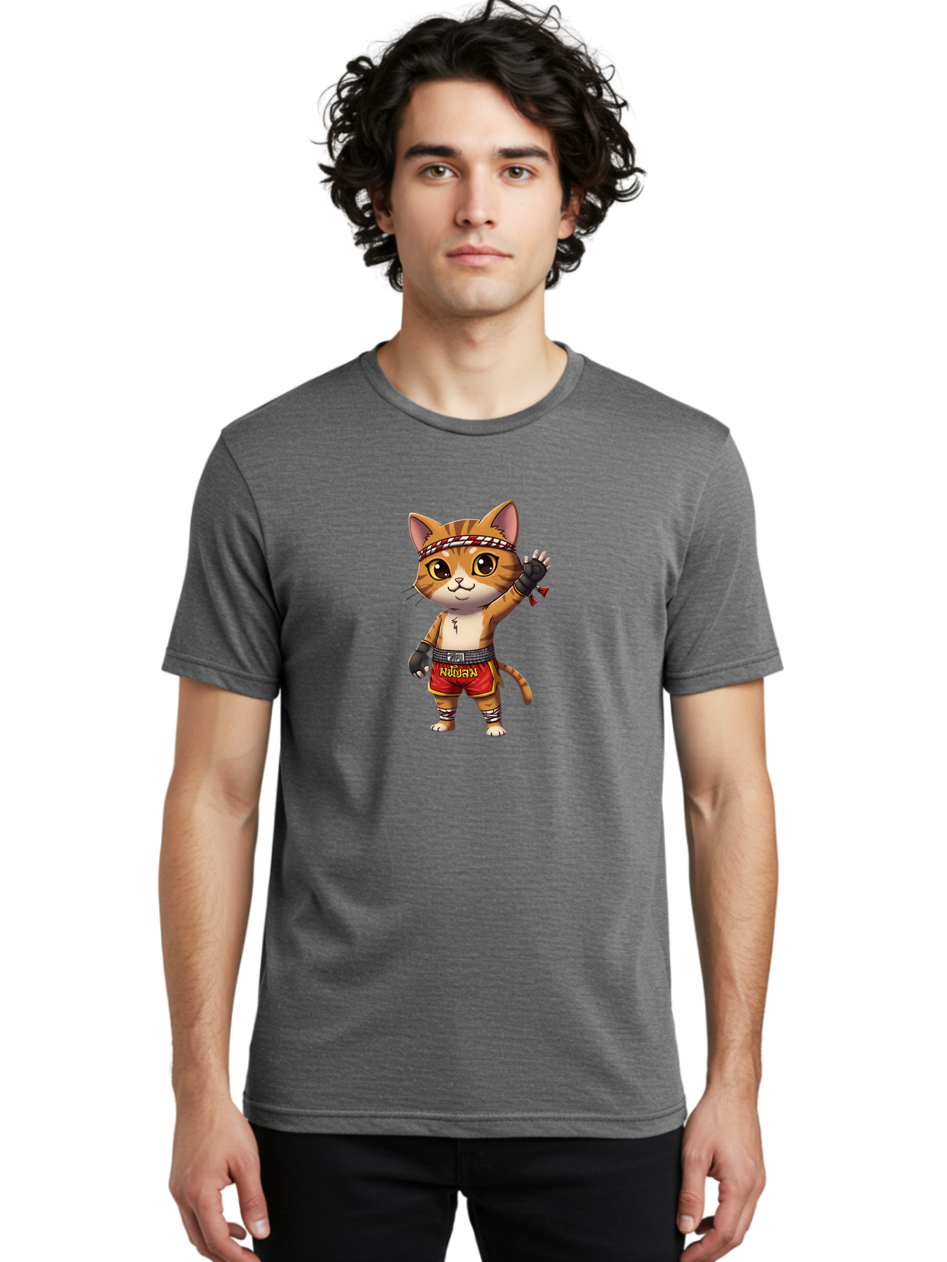 Muay-Thai-Cat-7 Men'S Graphic Tee, 100% Cotton, Comfortable Casual Summer Wear, Machine Washable, Cartoon Cat, Muay Thai Fighter, Martial Arts, Red Shorts, Black Gloves, Headband, Muay Thai, Fighting Cat, Kawaii, Anime Style, Bae556 17