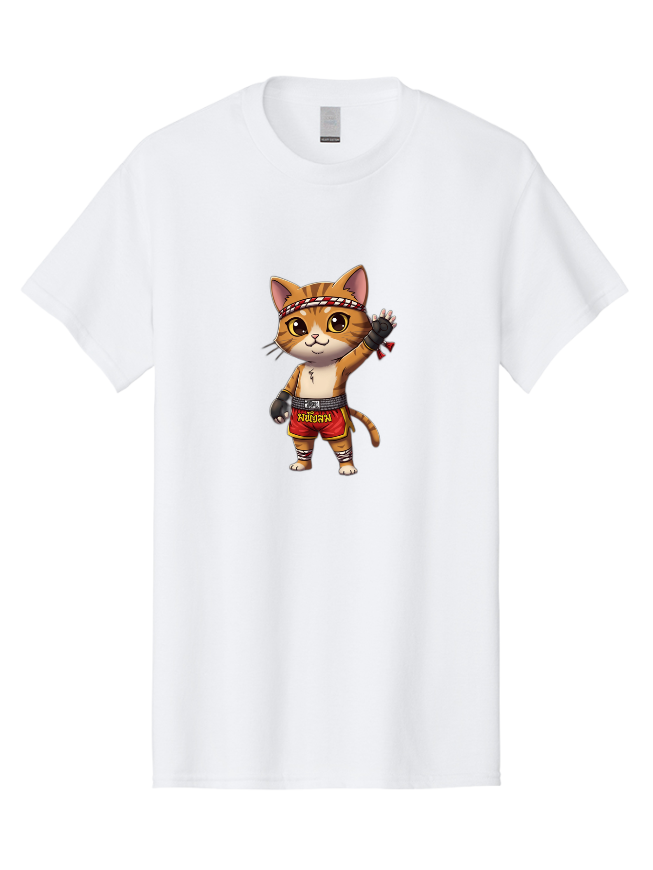 Muay-Thai-Cat-7 Men'S Graphic Tee, 100% Cotton, Comfortable Casual Summer Wear, Machine Washable, Cartoon Cat, Muay Thai Fighter, Martial Arts, Red Shorts, Black Gloves, Headband, Muay Thai, Fighting Cat, Kawaii, Anime Style, Bae556 6