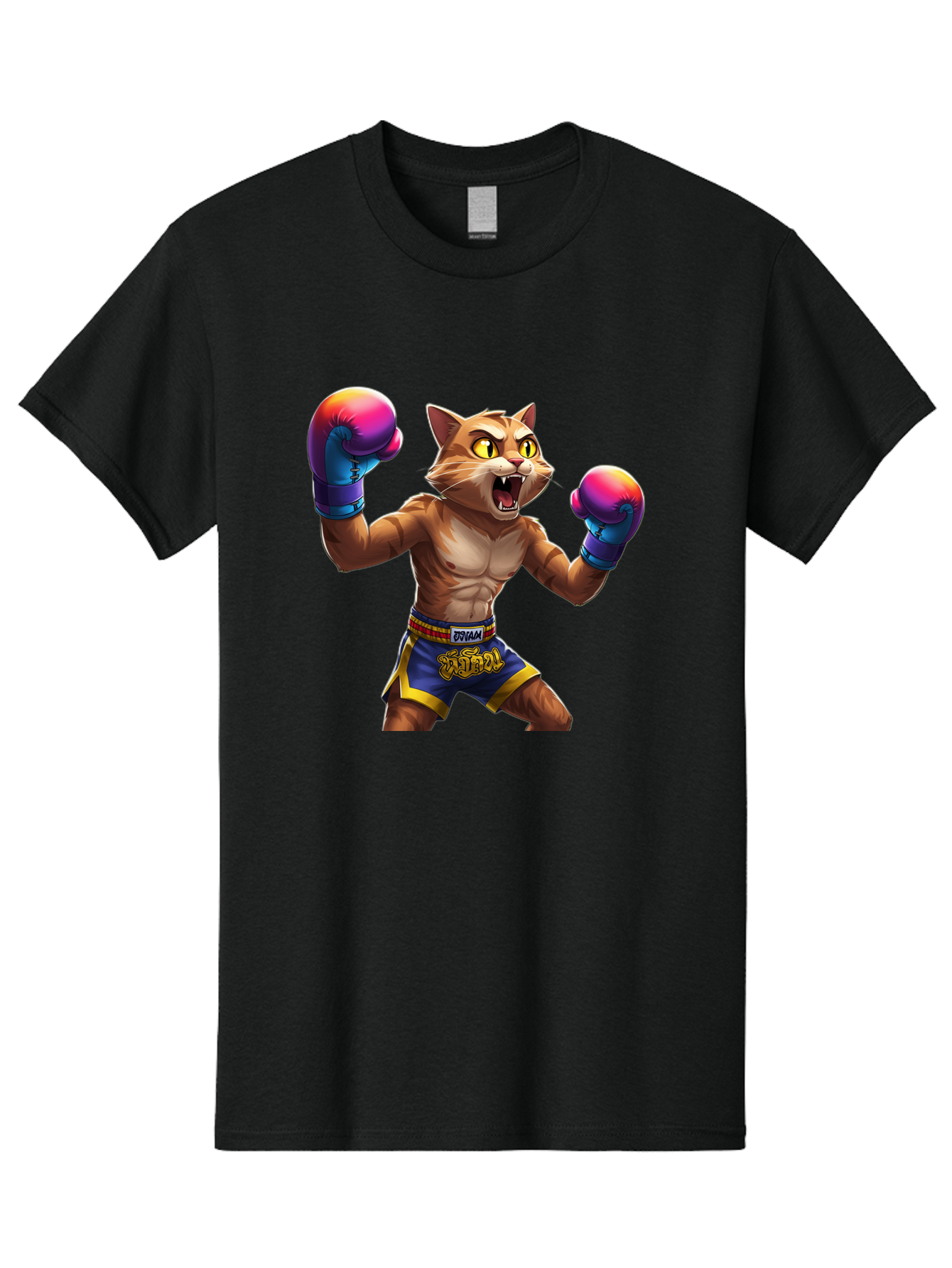 Muay-Thai-Cat-8 Men'S Graphic Tee, 100% Cotton, Comfortable Casual Summer Wear, Machine Washable, Cartoon Cat, Muay Thai Fighter, Boxing Gloves, Blue Shorts, Strong Muscles, Aggressive Stance, Fighting Pose, Cartoon Character, Muay Thai, Bae557 1