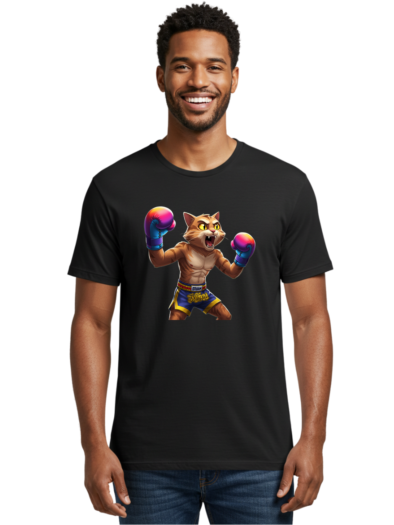 Muay-Thai-Cat-8 Men'S Graphic Tee, 100% Cotton, Comfortable Casual Summer Wear, Machine Washable, Cartoon Cat, Muay Thai Fighter, Boxing Gloves, Blue Shorts, Strong Muscles, Aggressive Stance, Fighting Pose, Cartoon Character, Muay Thai, Bae557 16