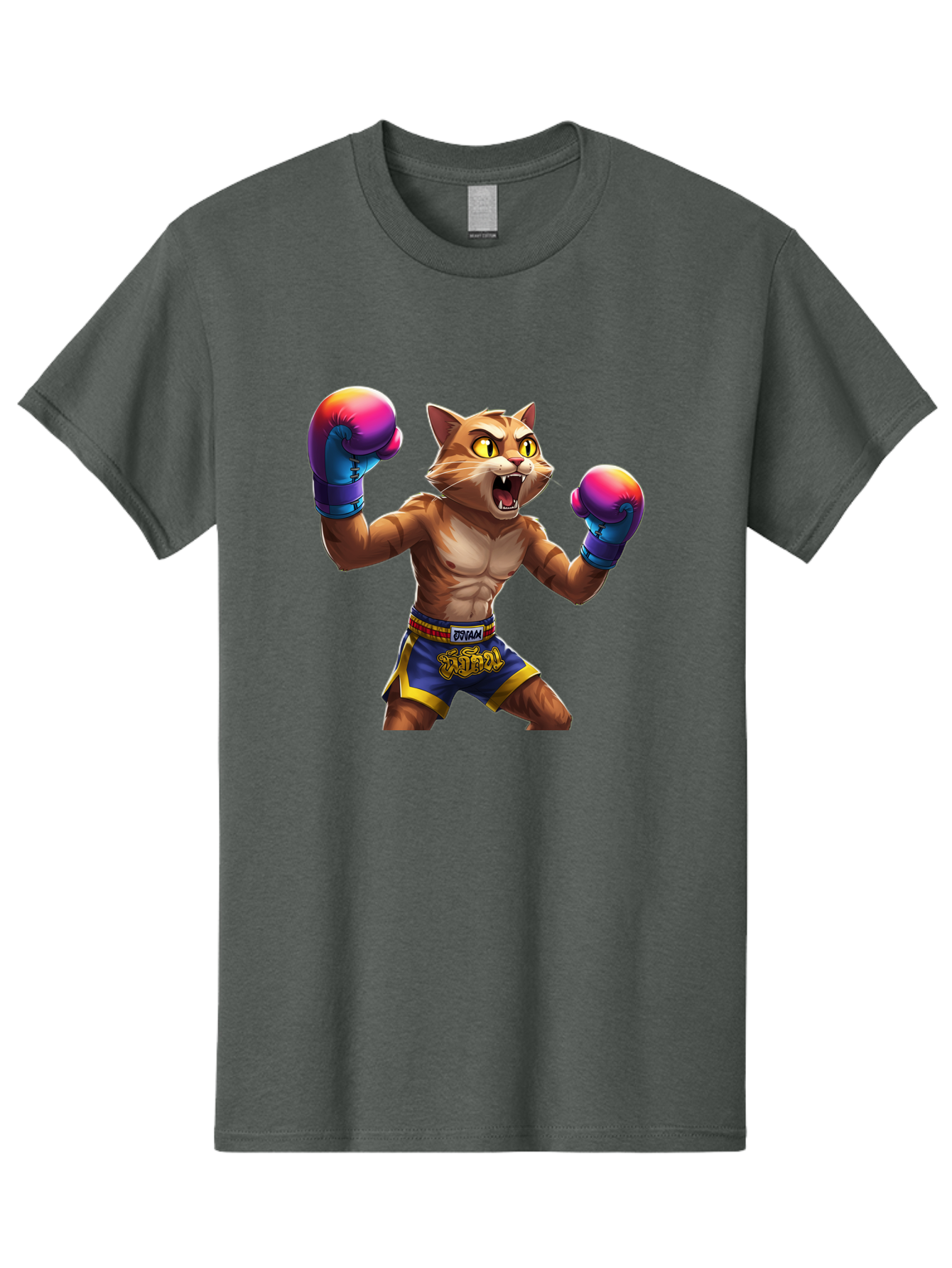 Muay-Thai-Cat-8 Men'S Graphic Tee, 100% Cotton, Comfortable Casual Summer Wear, Machine Washable, Cartoon Cat, Muay Thai Fighter, Boxing Gloves, Blue Shorts, Strong Muscles, Aggressive Stance, Fighting Pose, Cartoon Character, Muay Thai, Bae557 10