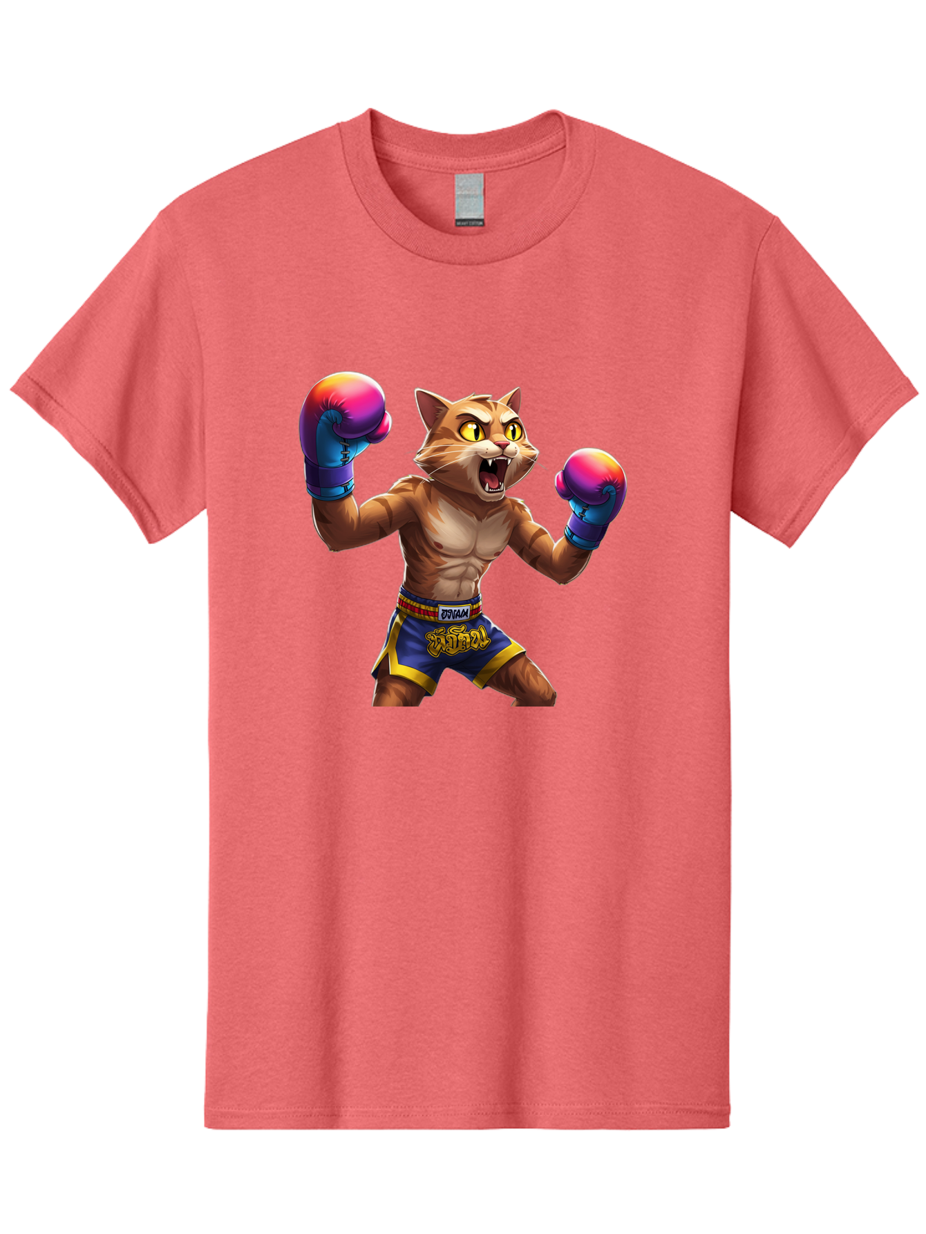 Muay-Thai-Cat-8 Men'S Graphic Tee, 100% Cotton, Comfortable Casual Summer Wear, Machine Washable, Cartoon Cat, Muay Thai Fighter, Boxing Gloves, Blue Shorts, Strong Muscles, Aggressive Stance, Fighting Pose, Cartoon Character, Muay Thai, Bae557 15