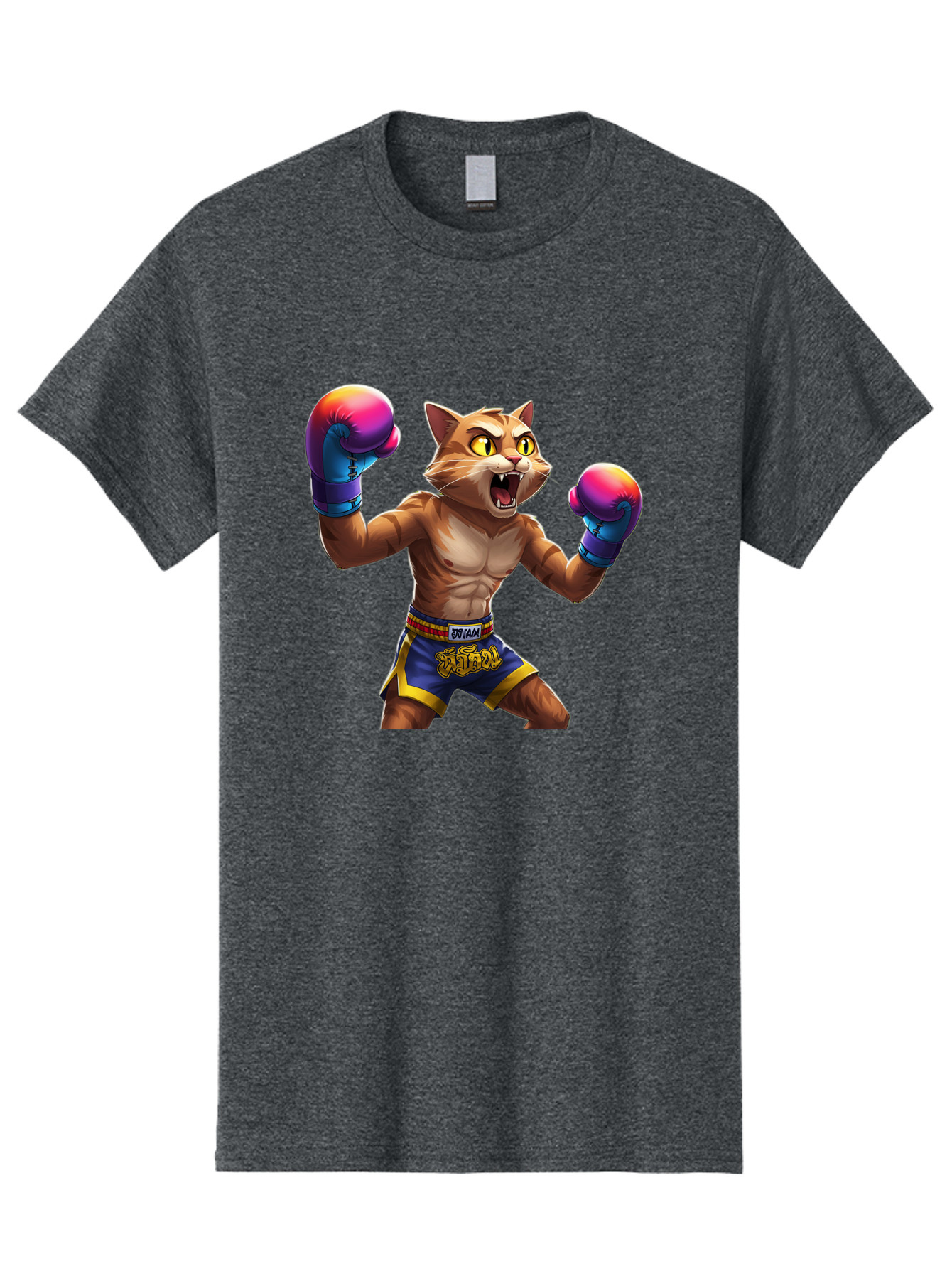 Muay-Thai-Cat-8 Men'S Graphic Tee, 100% Cotton, Comfortable Casual Summer Wear, Machine Washable, Cartoon Cat, Muay Thai Fighter, Boxing Gloves, Blue Shorts, Strong Muscles, Aggressive Stance, Fighting Pose, Cartoon Character, Muay Thai, Bae557 14
