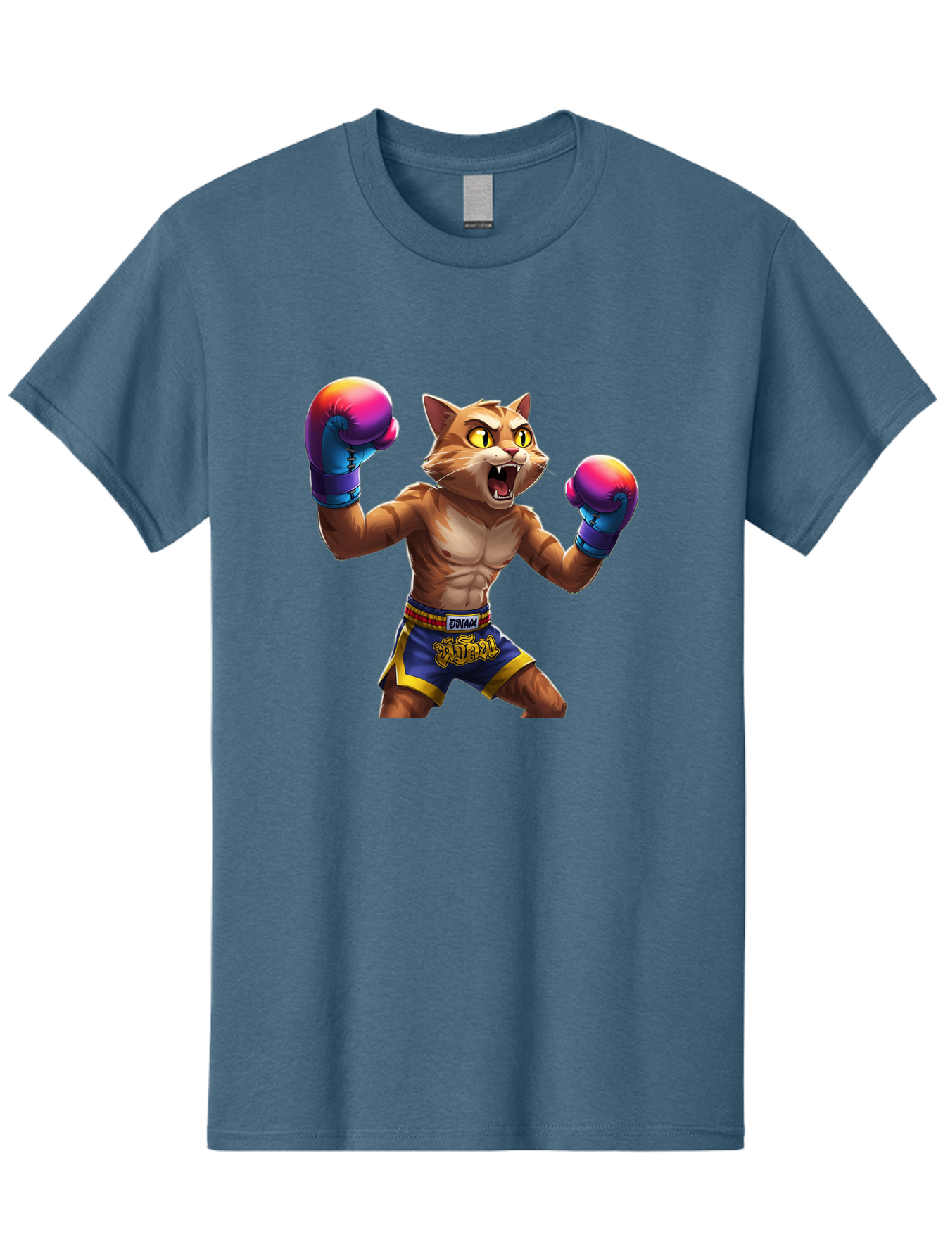 Muay-Thai-Cat-8 Men'S Graphic Tee, 100% Cotton, Comfortable Casual Summer Wear, Machine Washable, Cartoon Cat, Muay Thai Fighter, Boxing Gloves, Blue Shorts, Strong Muscles, Aggressive Stance, Fighting Pose, Cartoon Character, Muay Thai, Bae557 3