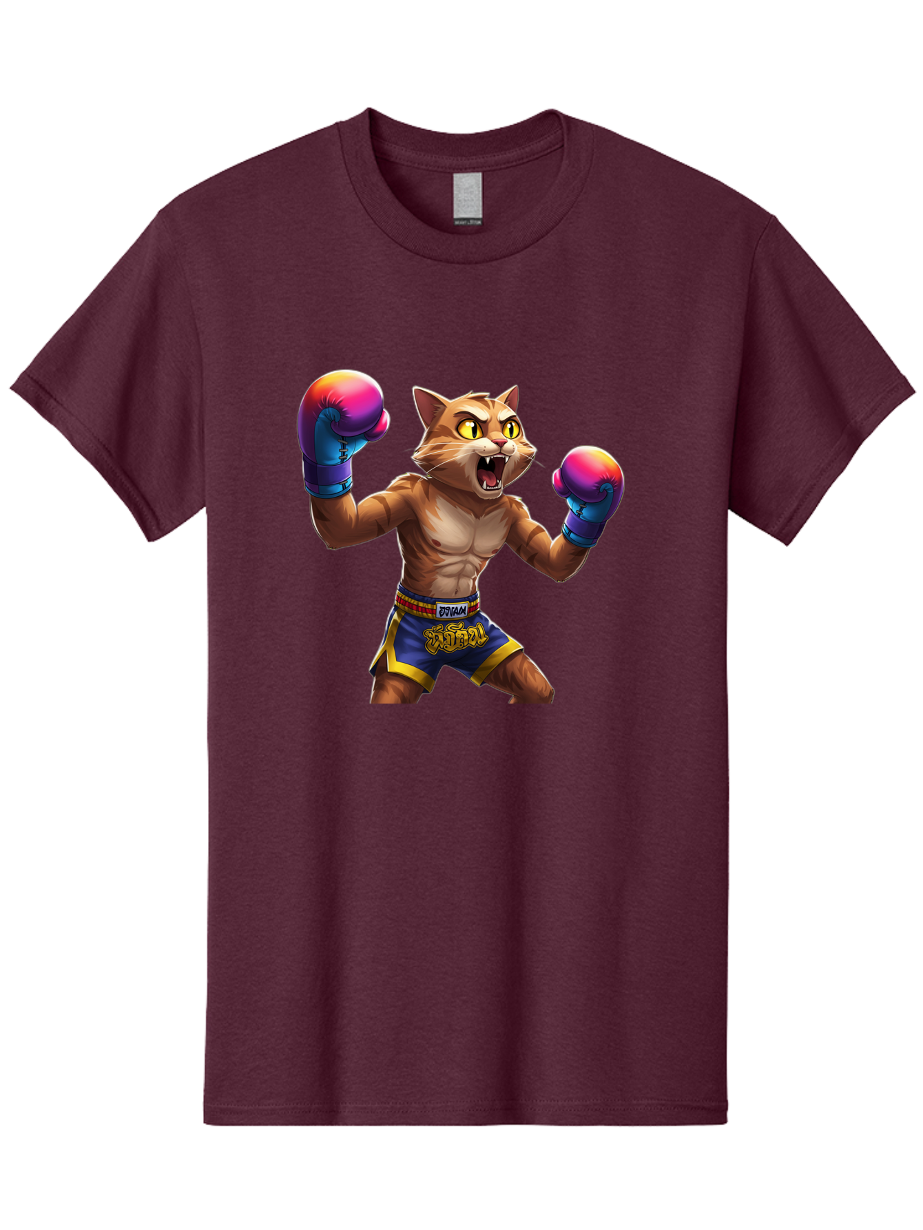 Muay-Thai-Cat-8 Men'S Graphic Tee, 100% Cotton, Comfortable Casual Summer Wear, Machine Washable, Cartoon Cat, Muay Thai Fighter, Boxing Gloves, Blue Shorts, Strong Muscles, Aggressive Stance, Fighting Pose, Cartoon Character, Muay Thai, Bae557 9