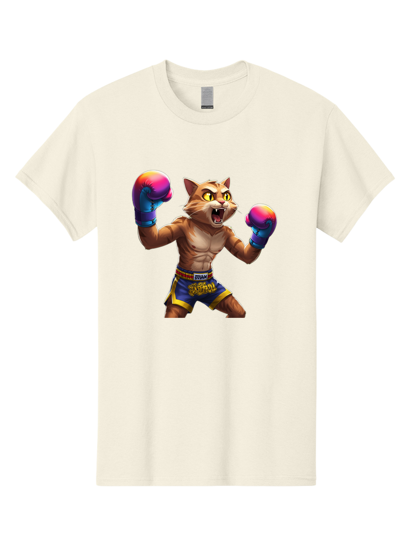 Muay-Thai-Cat-8 Men'S Graphic Tee, 100% Cotton, Comfortable Casual Summer Wear, Machine Washable, Cartoon Cat, Muay Thai Fighter, Boxing Gloves, Blue Shorts, Strong Muscles, Aggressive Stance, Fighting Pose, Cartoon Character, Muay Thai, Bae557 11
