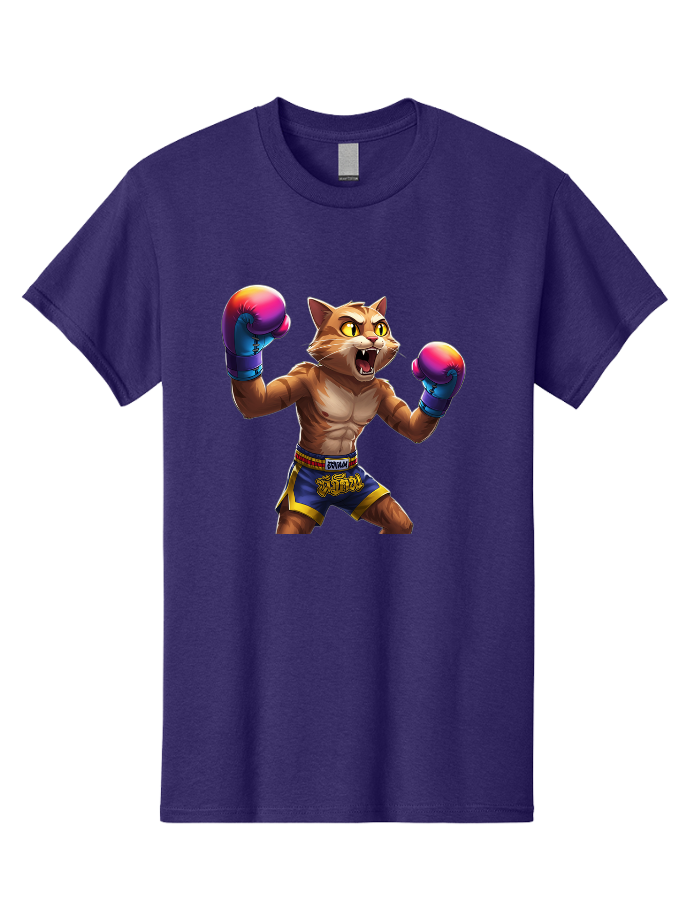 Muay-Thai-Cat-8 Men'S Graphic Tee, 100% Cotton, Comfortable Casual Summer Wear, Machine Washable, Cartoon Cat, Muay Thai Fighter, Boxing Gloves, Blue Shorts, Strong Muscles, Aggressive Stance, Fighting Pose, Cartoon Character, Muay Thai, Bae557 4