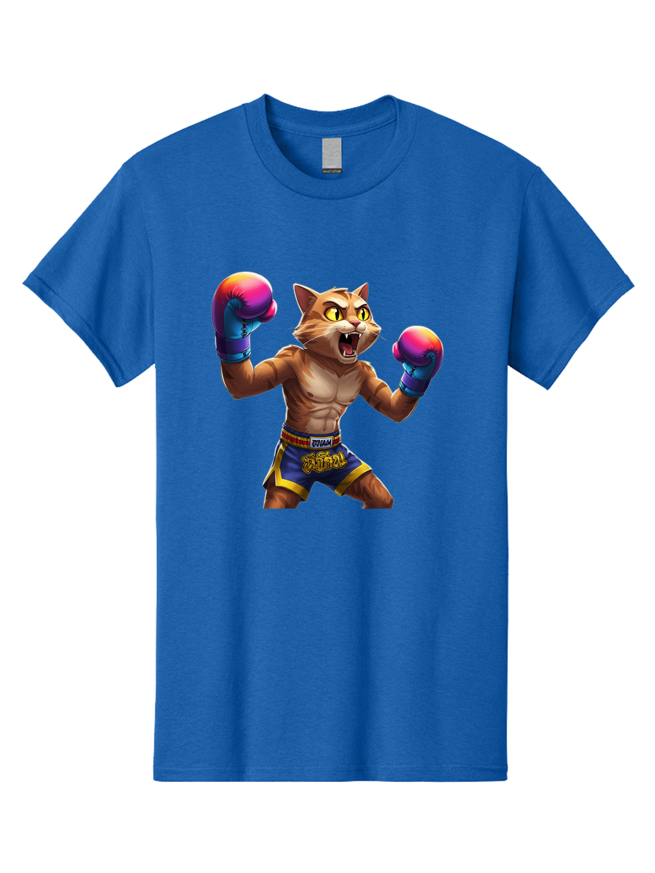Muay-Thai-Cat-8 Men'S Graphic Tee, 100% Cotton, Comfortable Casual Summer Wear, Machine Washable, Cartoon Cat, Muay Thai Fighter, Boxing Gloves, Blue Shorts, Strong Muscles, Aggressive Stance, Fighting Pose, Cartoon Character, Muay Thai, Bae557 5