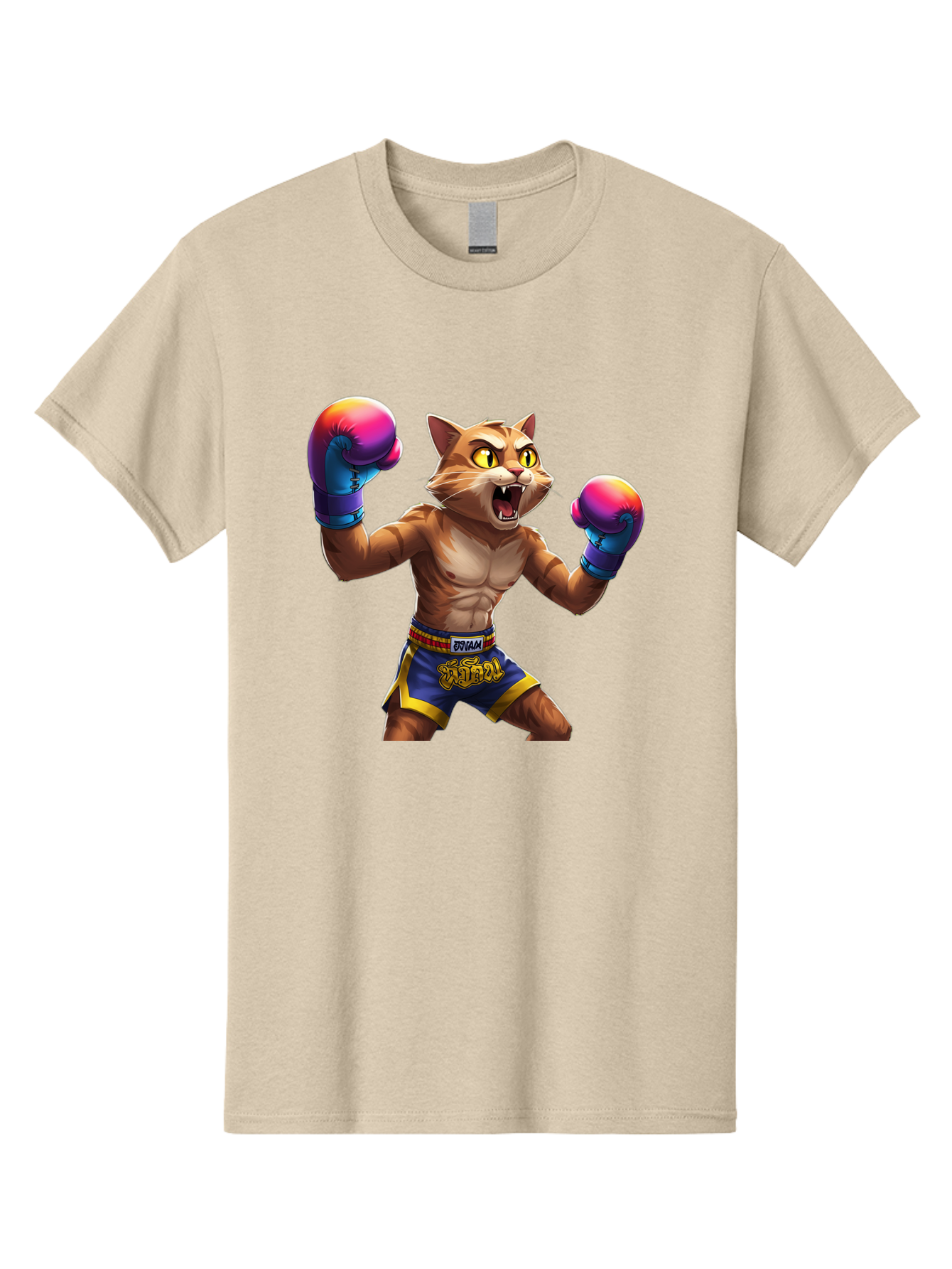 Muay-Thai-Cat-8 Men'S Graphic Tee, 100% Cotton, Comfortable Casual Summer Wear, Machine Washable, Cartoon Cat, Muay Thai Fighter, Boxing Gloves, Blue Shorts, Strong Muscles, Aggressive Stance, Fighting Pose, Cartoon Character, Muay Thai, Bae557 12