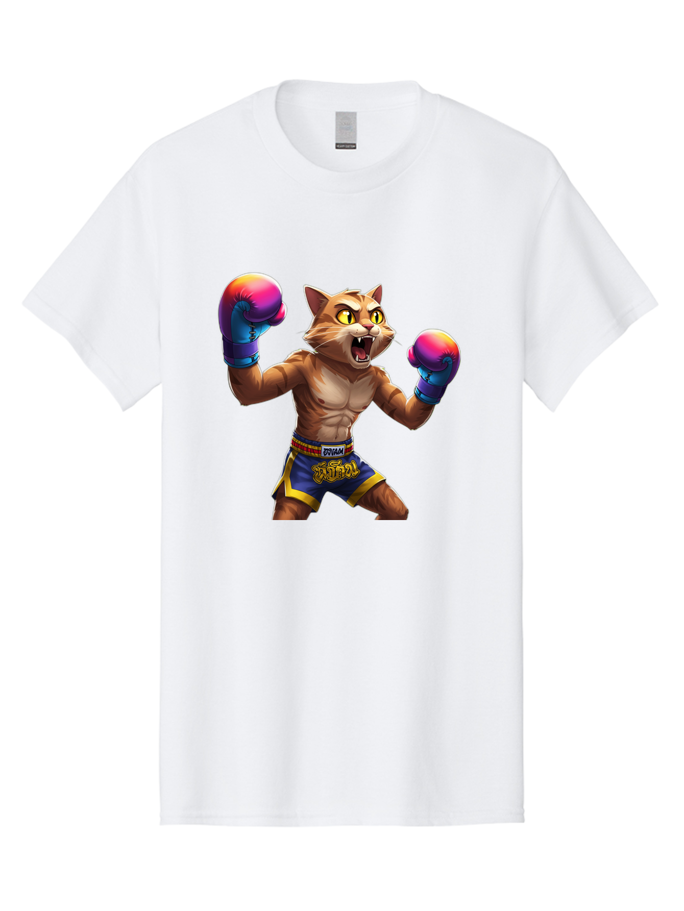 Muay-Thai-Cat-8 Men'S Graphic Tee, 100% Cotton, Comfortable Casual Summer Wear, Machine Washable, Cartoon Cat, Muay Thai Fighter, Boxing Gloves, Blue Shorts, Strong Muscles, Aggressive Stance, Fighting Pose, Cartoon Character, Muay Thai, Bae557 6