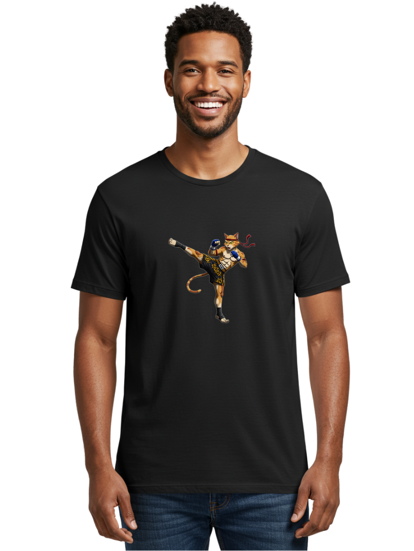 Muay-Thai-Cat-9 Men'S Graphic Tee, 100% Cotton, Comfortable Casual Summer Wear, Machine Washable, Anthropomorphic Cat, Muay Thai Fighter, Kicking Pose, Martial Arts, Combat Sports, Cat Character, Fighting Stance, Cartoon Style, Bae558 16
