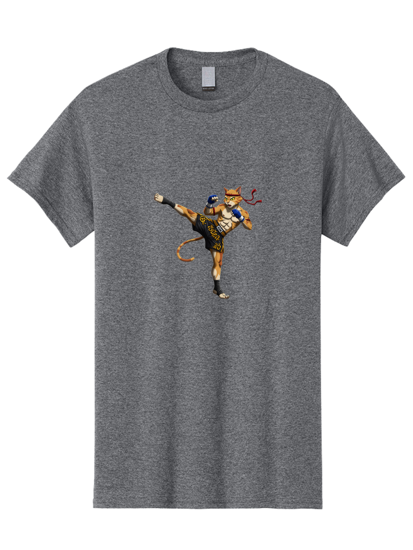 Muay-Thai-Cat-9 Men'S Graphic Tee, 100% Cotton, Comfortable Casual Summer Wear, Machine Washable, Anthropomorphic Cat, Muay Thai Fighter, Kicking Pose, Martial Arts, Combat Sports, Cat Character, Fighting Stance, Cartoon Style, Bae558 2