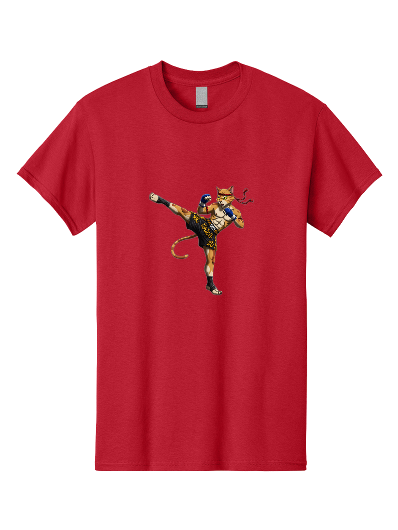 Muay-Thai-Cat-9 Men'S Graphic Tee, 100% Cotton, Comfortable Casual Summer Wear, Machine Washable, Anthropomorphic Cat, Muay Thai Fighter, Kicking Pose, Martial Arts, Combat Sports, Cat Character, Fighting Stance, Cartoon Style, Bae558 4