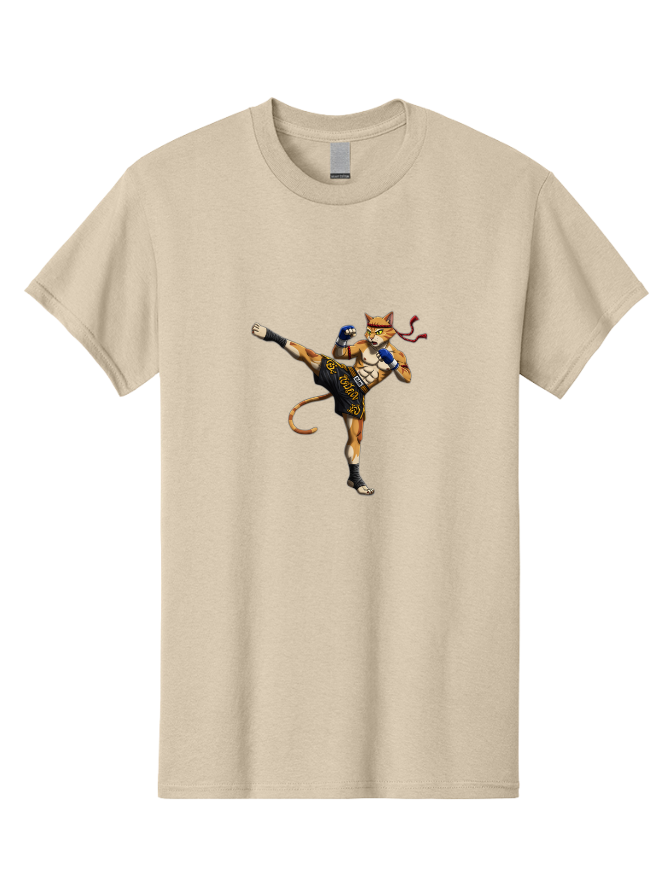 Muay-Thai-Cat-9 Men'S Graphic Tee, 100% Cotton, Comfortable Casual Summer Wear, Machine Washable, Anthropomorphic Cat, Muay Thai Fighter, Kicking Pose, Martial Arts, Combat Sports, Cat Character, Fighting Stance, Cartoon Style, Bae558 9