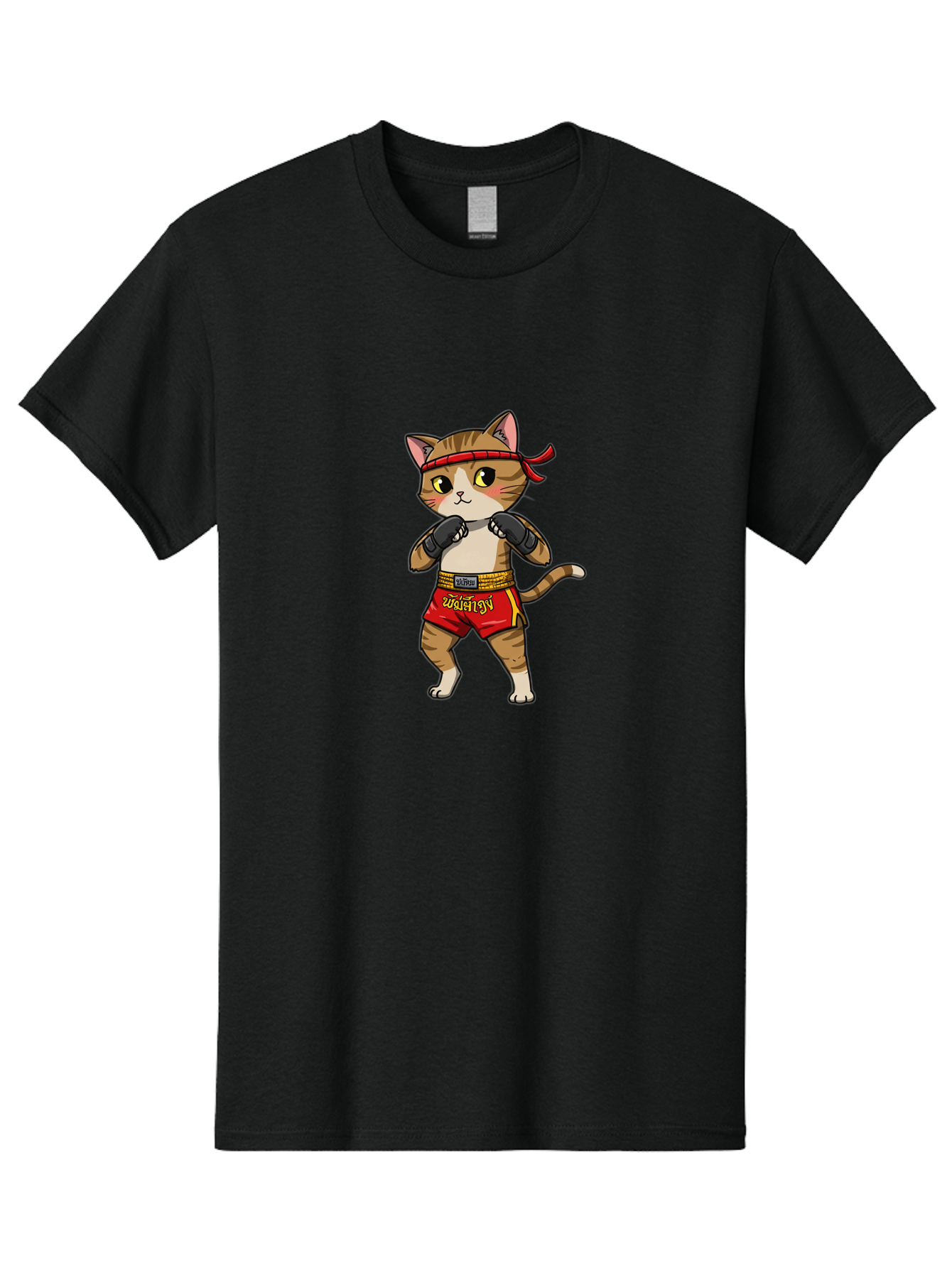 Muay-Thai-Cat Men'S Graphic Tee, 100% Cotton, Comfortable Casual Summer Wear, Machine Washable, Cartoon Cat, Muay Thai Fighter, Martial Arts, Boxing Gloves, Red Shorts, Yellow Accents, Fighting Stance, Adorable Illustration, Kawaii, Cute Cat, Bae559 6