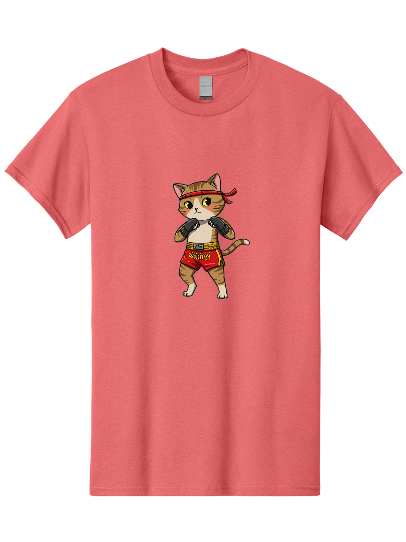 Muay-Thai-Cat Men'S Graphic Tee, 100% Cotton, Comfortable Casual Summer Wear, Machine Washable, Cartoon Cat, Muay Thai Fighter, Martial Arts, Boxing Gloves, Red Shorts, Yellow Accents, Fighting Stance, Adorable Illustration, Kawaii, Cute Cat, Bae559 1