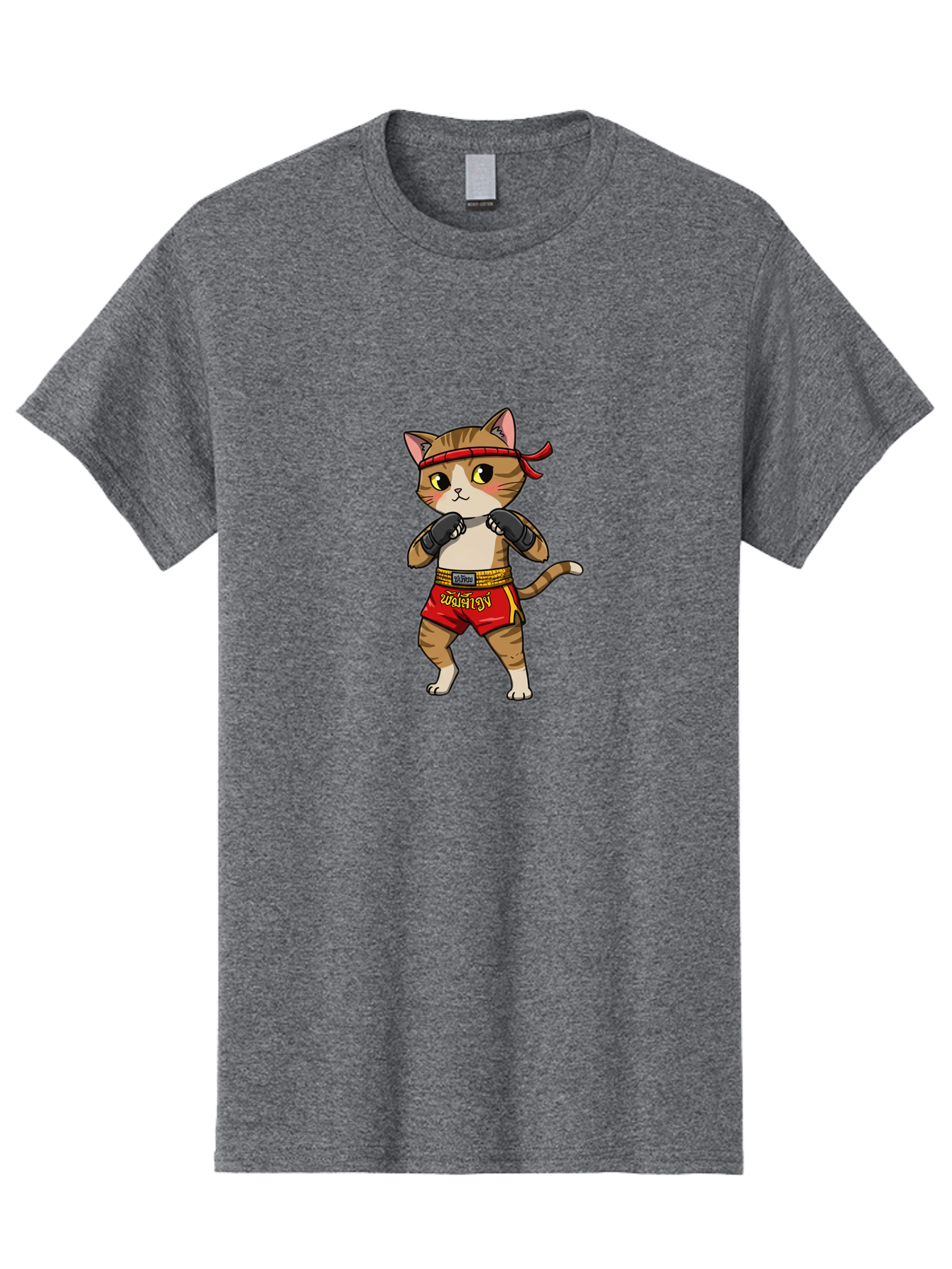 Muay-Thai-Cat Men'S Graphic Tee, 100% Cotton, Comfortable Casual Summer Wear, Machine Washable, Cartoon Cat, Muay Thai Fighter, Martial Arts, Boxing Gloves, Red Shorts, Yellow Accents, Fighting Stance, Adorable Illustration, Kawaii, Cute Cat, Bae559 10
