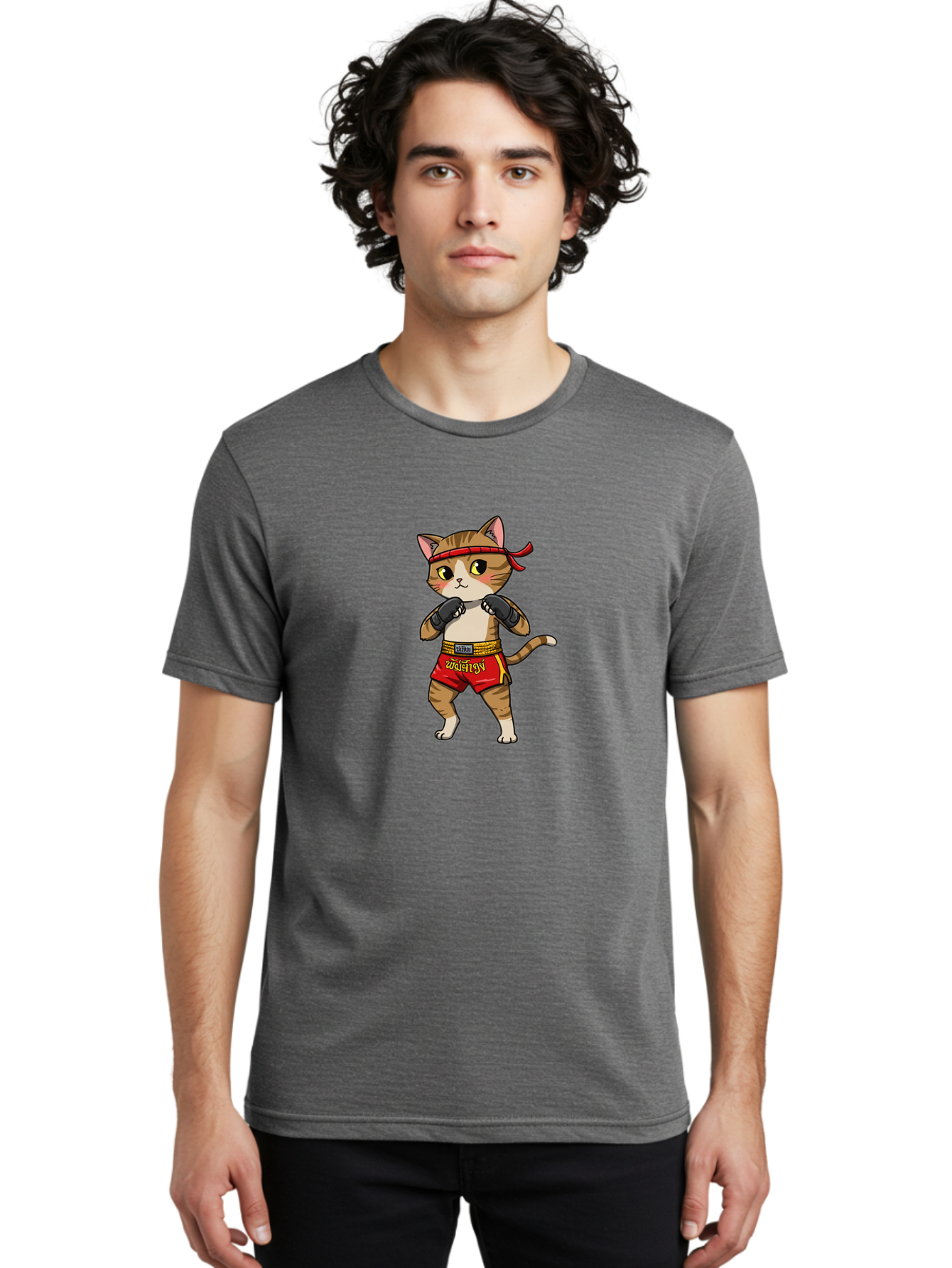 Muay-Thai-Cat Men'S Graphic Tee, 100% Cotton, Comfortable Casual Summer Wear, Machine Washable, Cartoon Cat, Muay Thai Fighter, Martial Arts, Boxing Gloves, Red Shorts, Yellow Accents, Fighting Stance, Adorable Illustration, Kawaii, Cute Cat, Bae559 25