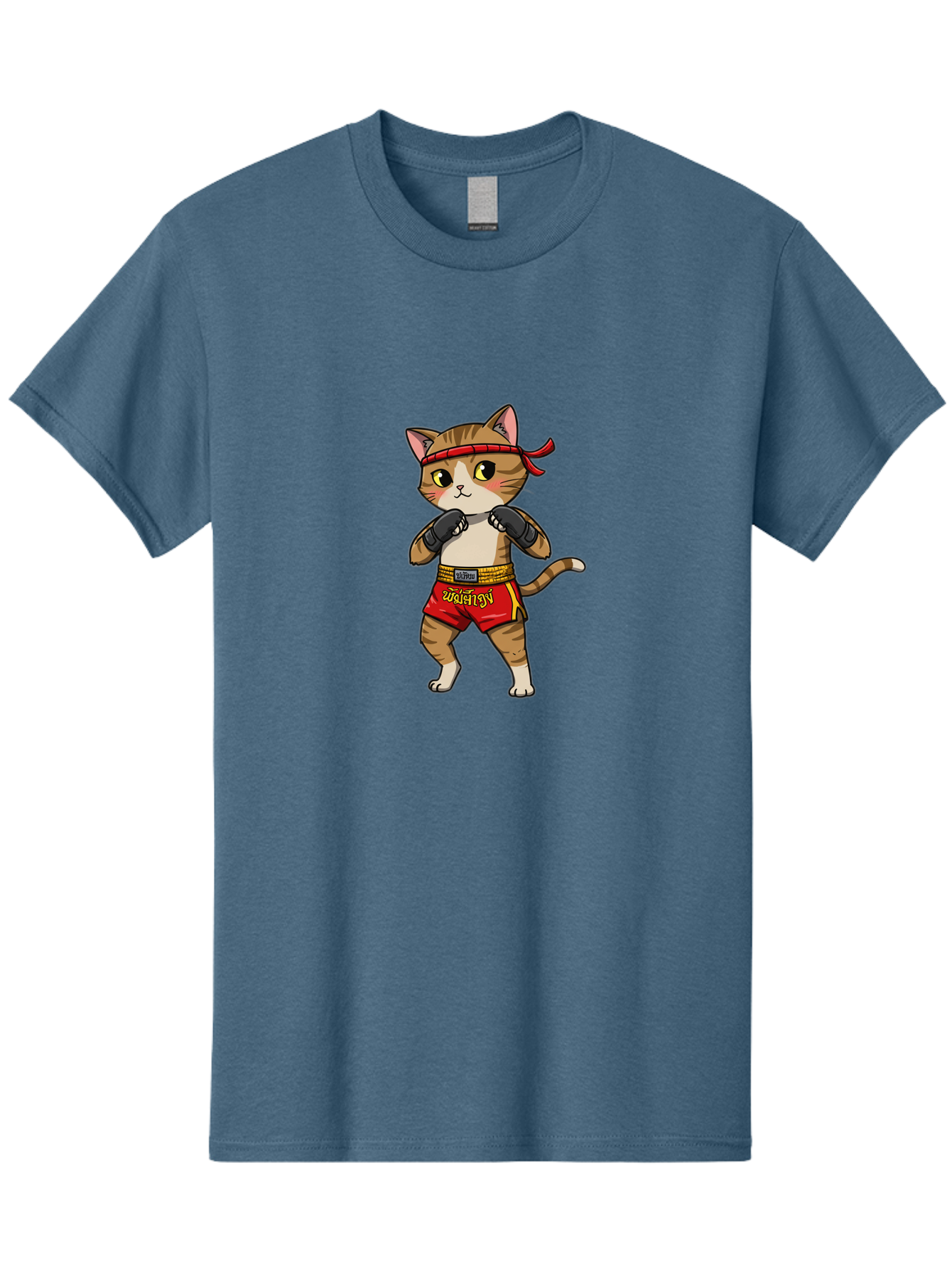 Muay-Thai-Cat Men'S Graphic Tee, 100% Cotton, Comfortable Casual Summer Wear, Machine Washable, Cartoon Cat, Muay Thai Fighter, Martial Arts, Boxing Gloves, Red Shorts, Yellow Accents, Fighting Stance, Adorable Illustration, Kawaii, Cute Cat, Bae559 8