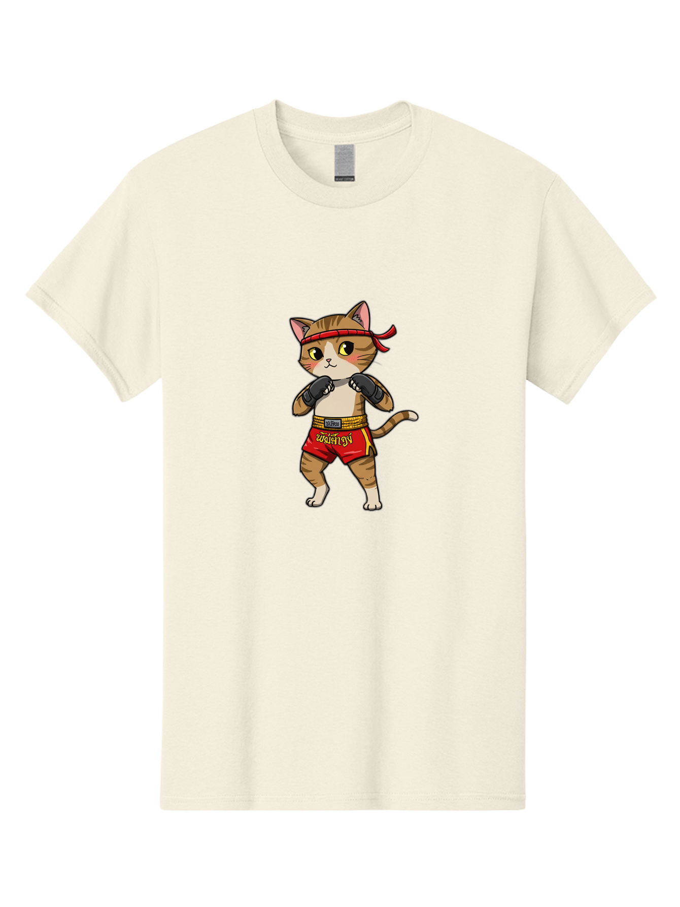 Muay-Thai-Cat Men'S Graphic Tee, 100% Cotton, Comfortable Casual Summer Wear, Machine Washable, Cartoon Cat, Muay Thai Fighter, Martial Arts, Boxing Gloves, Red Shorts, Yellow Accents, Fighting Stance, Adorable Illustration, Kawaii, Cute Cat, Bae559 11