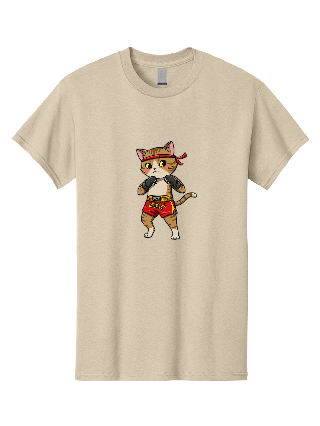 Muay-Thai-Cat Men'S Graphic Tee, 100% Cotton, Comfortable Casual Summer Wear, Machine Washable, Cartoon Cat, Muay Thai Fighter, Martial Arts, Boxing Gloves, Red Shorts, Yellow Accents, Fighting Stance, Adorable Illustration, Kawaii, Cute Cat, Bae559 7