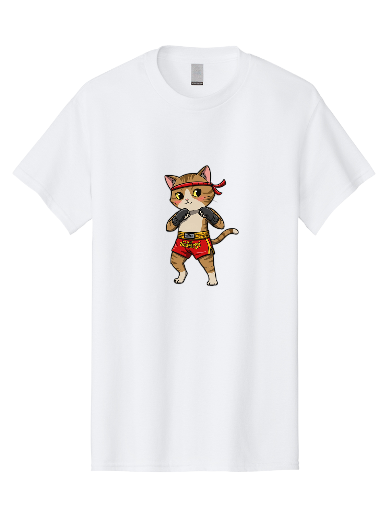 Muay-Thai-Cat Men'S Graphic Tee, 100% Cotton, Comfortable Casual Summer Wear, Machine Washable, Cartoon Cat, Muay Thai Fighter, Martial Arts, Boxing Gloves, Red Shorts, Yellow Accents, Fighting Stance, Adorable Illustration, Kawaii, Cute Cat, Bae559 15
