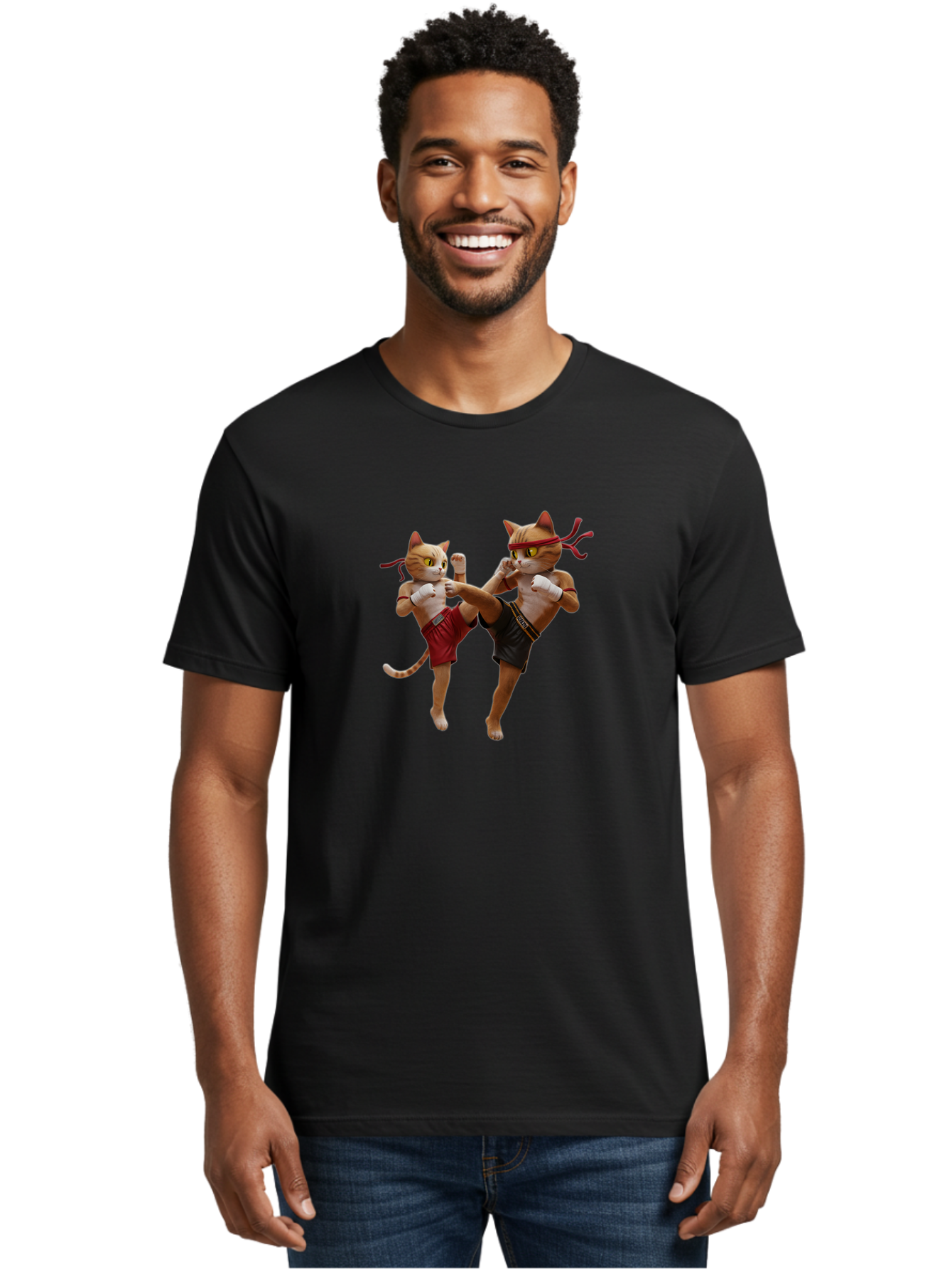 Muay-Thai-Cats Men'S Graphic Tee, 100% Cotton, Comfortable Casual Summer Wear, Machine Washable, Cartoon Cats Fighting, Martial Arts, Muay Thai, Boxing Cats, Anthropomorphic Cats, Action Pose, Dynamic Scene, Funny Cats, Cat Fight, Bae560 22