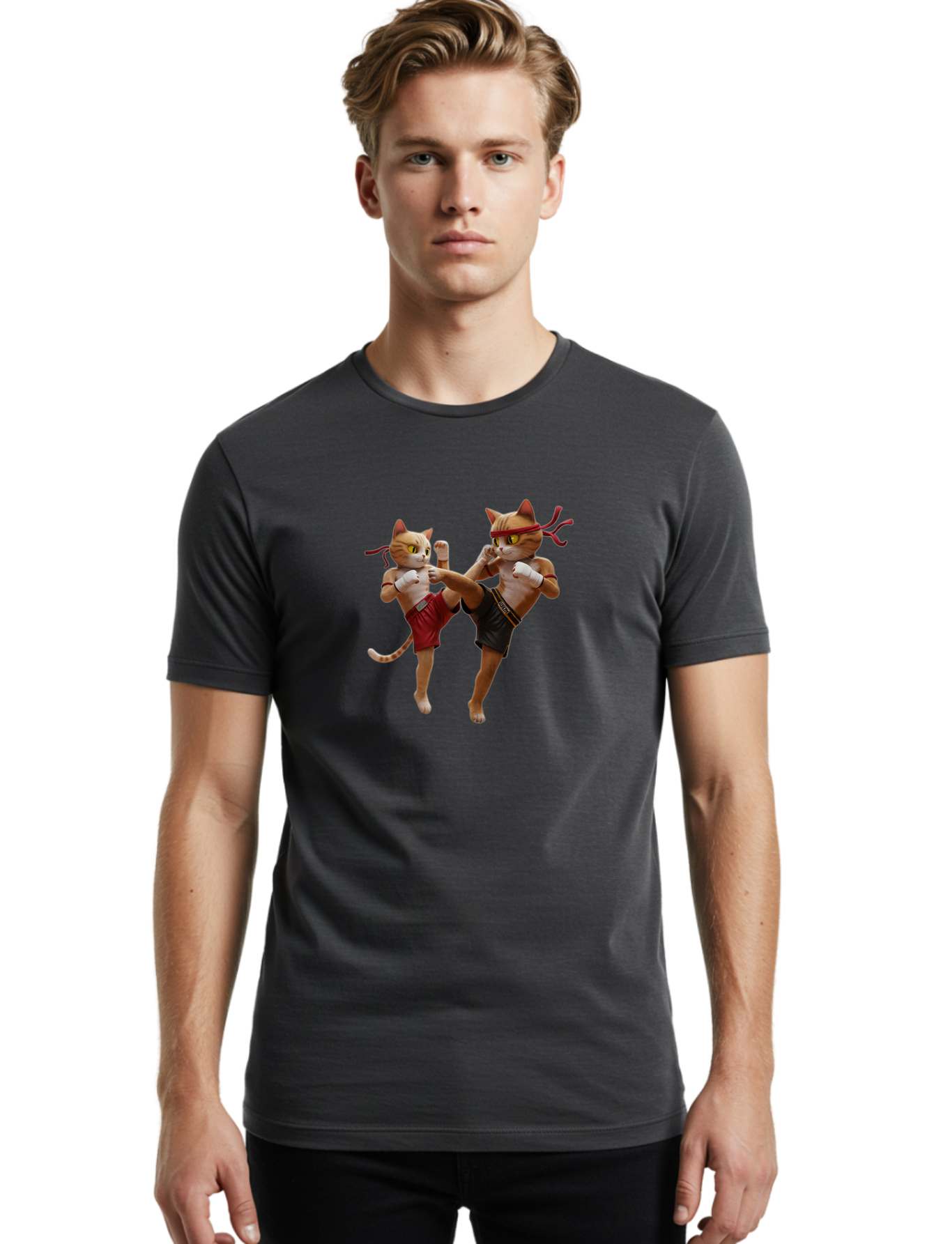 Muay-Thai-Cats Men'S Graphic Tee, 100% Cotton, Comfortable Casual Summer Wear, Machine Washable, Cartoon Cats Fighting, Martial Arts, Muay Thai, Boxing Cats, Anthropomorphic Cats, Action Pose, Dynamic Scene, Funny Cats, Cat Fight, Bae560 21