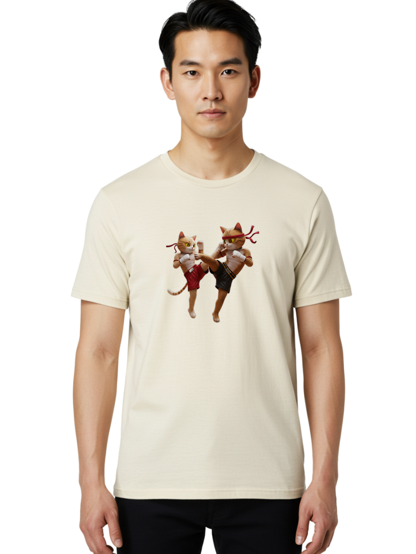 Muay-Thai-Cats Men'S Graphic Tee, 100% Cotton, Comfortable Casual Summer Wear, Machine Washable, Cartoon Cats Fighting, Martial Arts, Muay Thai, Boxing Cats, Anthropomorphic Cats, Action Pose, Dynamic Scene, Funny Cats, Cat Fight, Bae560 28