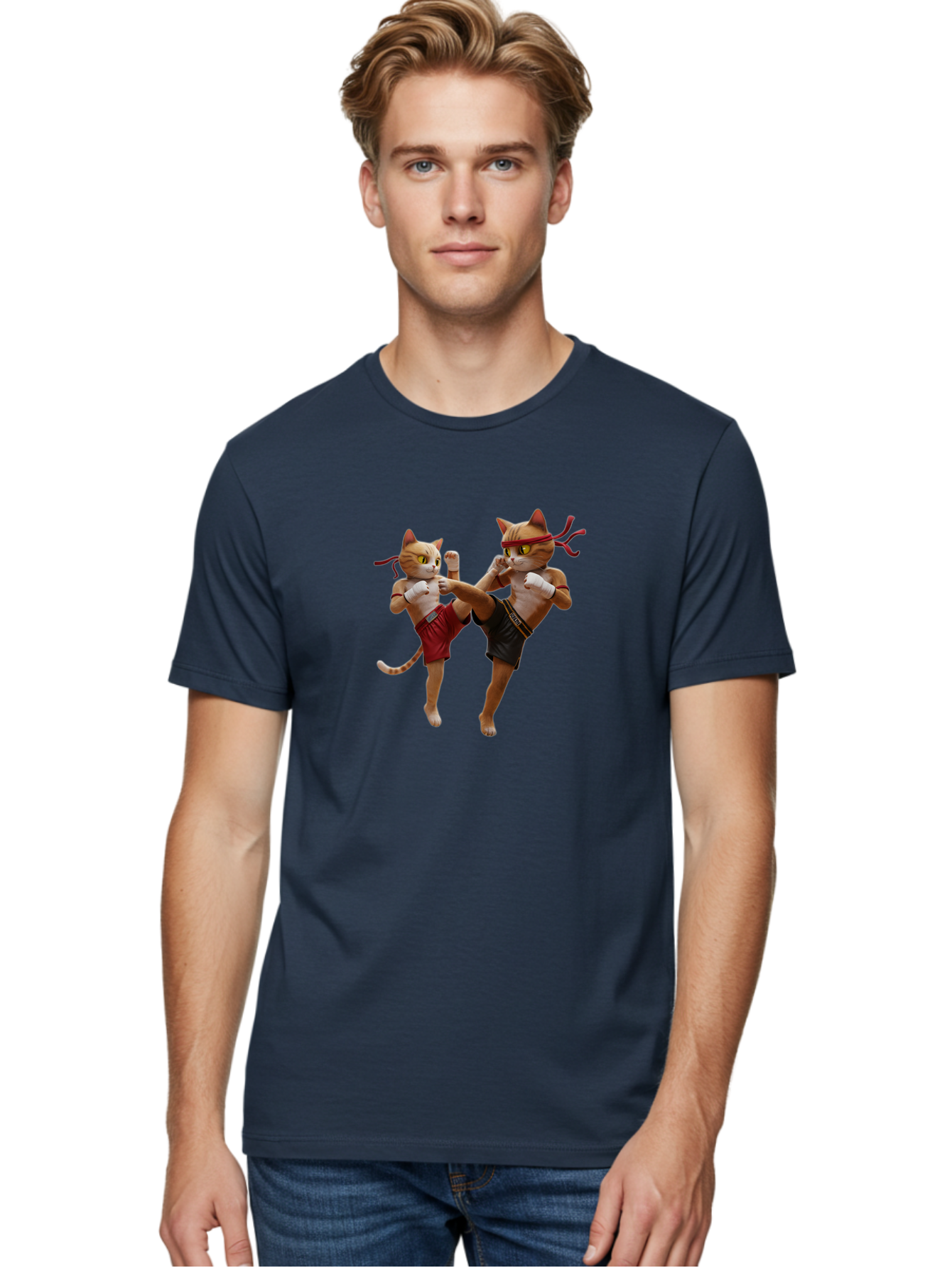 Muay-Thai-Cats Men'S Graphic Tee, 100% Cotton, Comfortable Casual Summer Wear, Machine Washable, Cartoon Cats Fighting, Martial Arts, Muay Thai, Boxing Cats, Anthropomorphic Cats, Action Pose, Dynamic Scene, Funny Cats, Cat Fight, Bae560 30