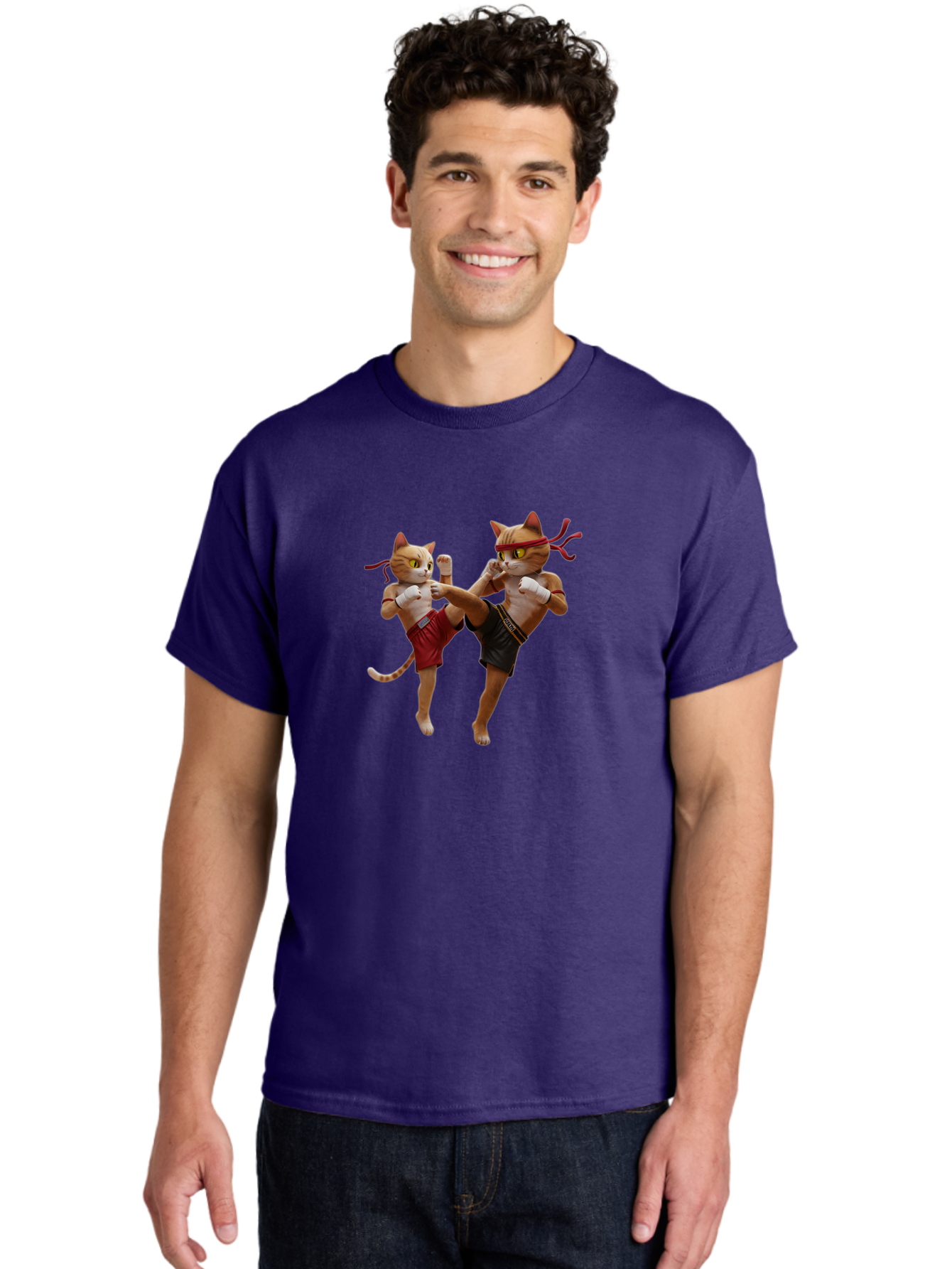 Muay-Thai-Cats Men'S Graphic Tee, 100% Cotton, Comfortable Casual Summer Wear, Machine Washable, Cartoon Cats Fighting, Martial Arts, Muay Thai, Boxing Cats, Anthropomorphic Cats, Action Pose, Dynamic Scene, Funny Cats, Cat Fight, Bae560 24