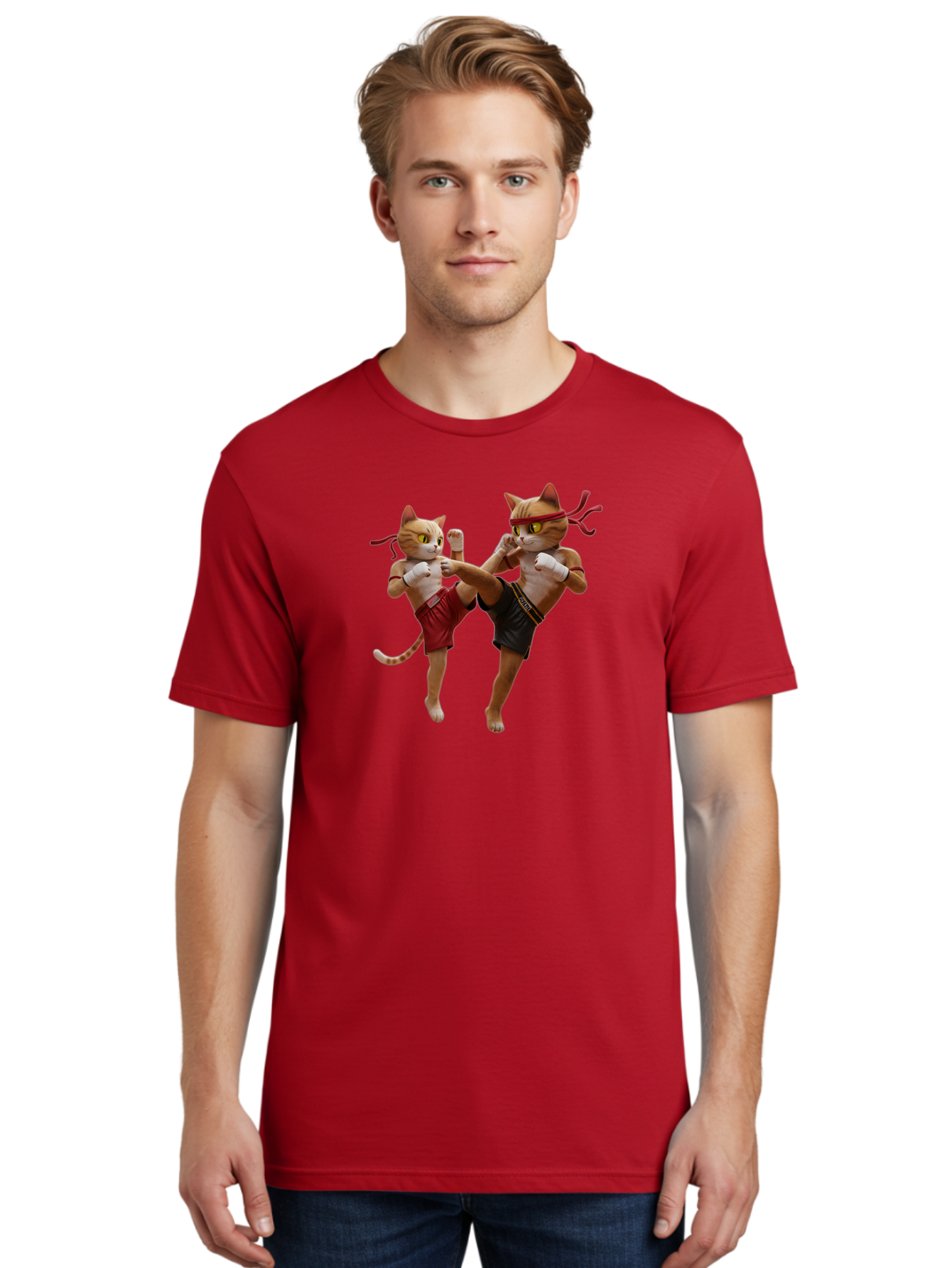 Muay-Thai-Cats Men'S Graphic Tee, 100% Cotton, Comfortable Casual Summer Wear, Machine Washable, Cartoon Cats Fighting, Martial Arts, Muay Thai, Boxing Cats, Anthropomorphic Cats, Action Pose, Dynamic Scene, Funny Cats, Cat Fight, Bae560 19