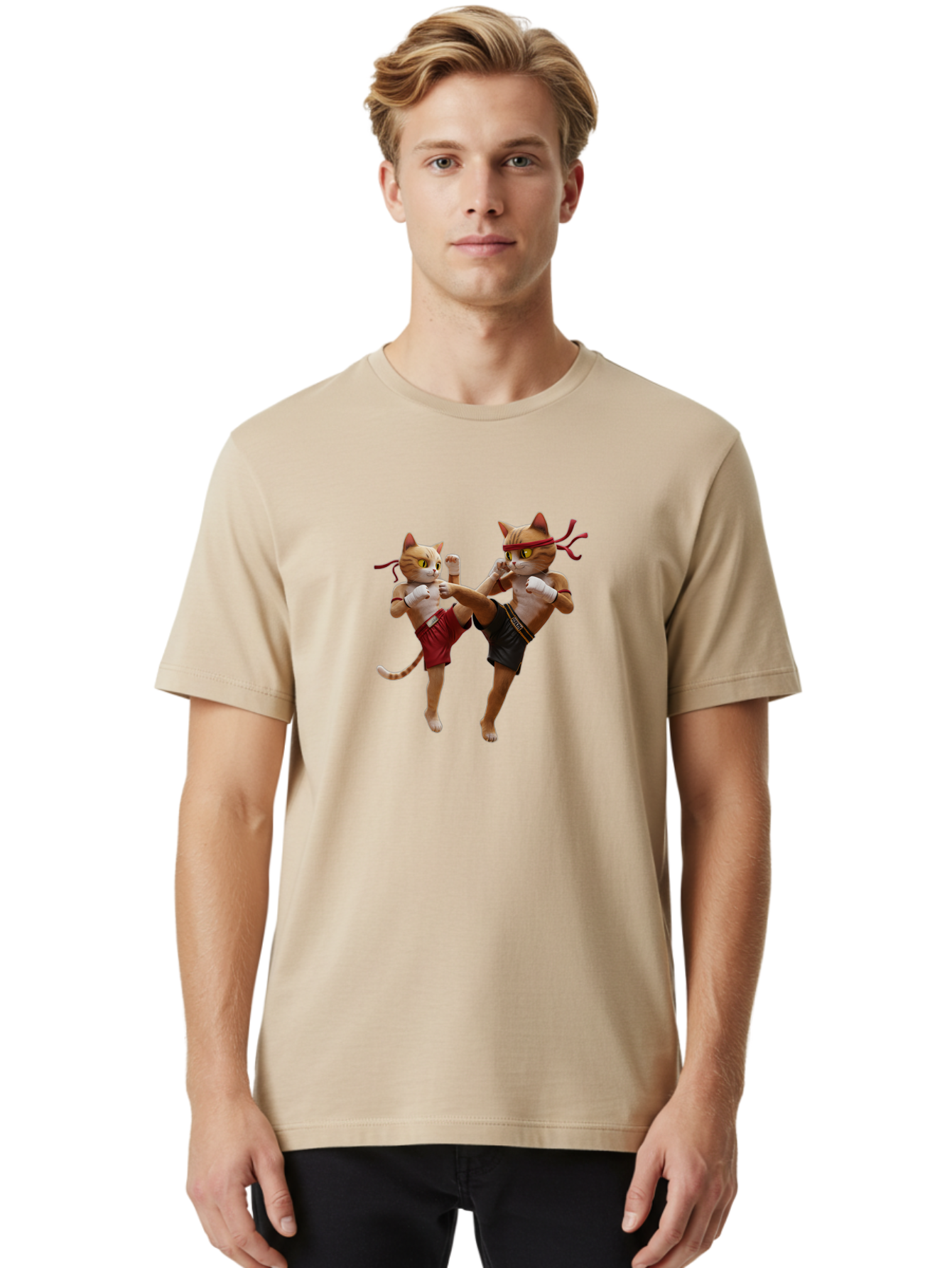 Muay-Thai-Cats Men'S Graphic Tee, 100% Cotton, Comfortable Casual Summer Wear, Machine Washable, Cartoon Cats Fighting, Martial Arts, Muay Thai, Boxing Cats, Anthropomorphic Cats, Action Pose, Dynamic Scene, Funny Cats, Cat Fight, Bae560 20