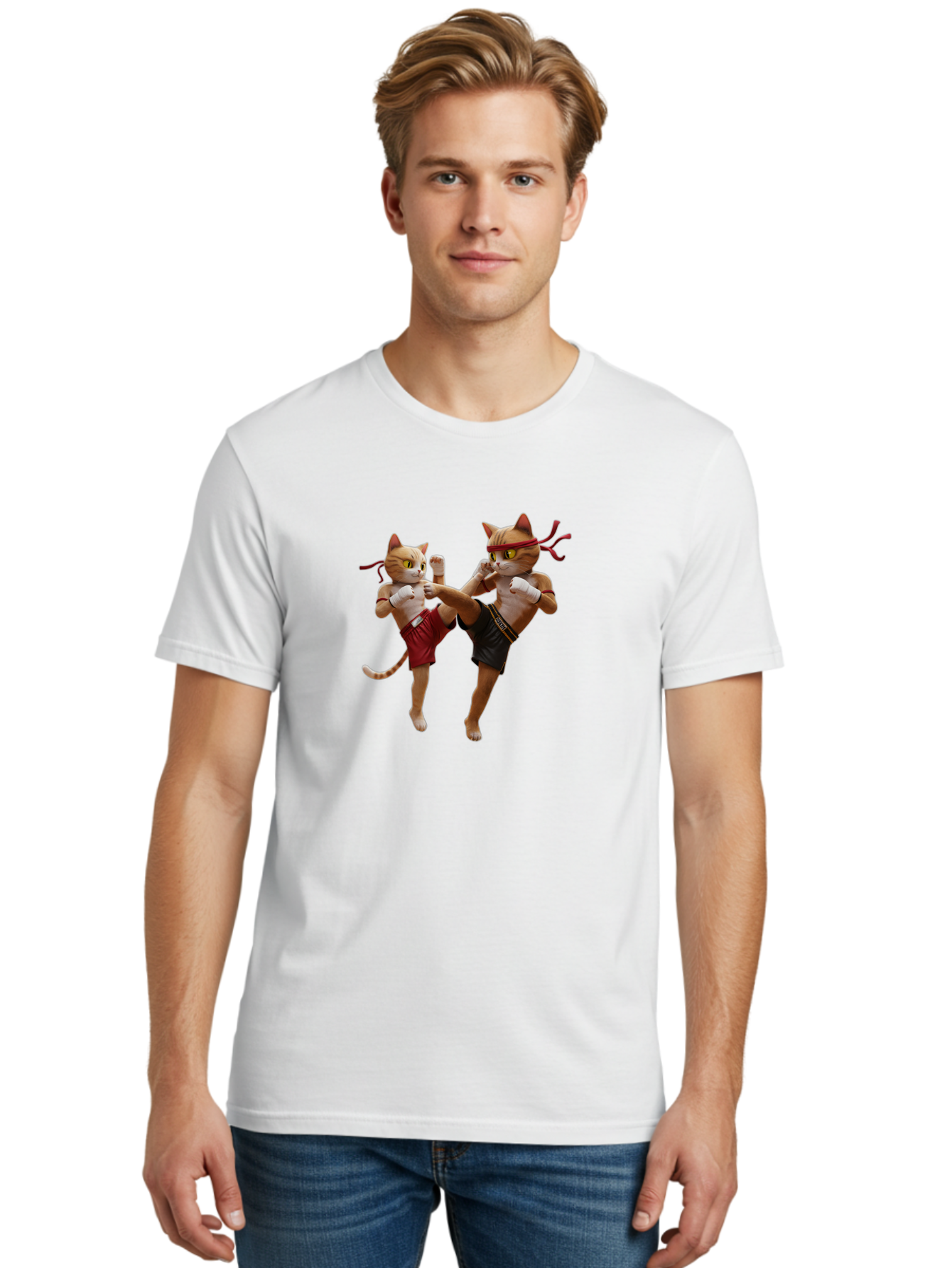 Muay-Thai-Cats Men'S Graphic Tee, 100% Cotton, Comfortable Casual Summer Wear, Machine Washable, Cartoon Cats Fighting, Martial Arts, Muay Thai, Boxing Cats, Anthropomorphic Cats, Action Pose, Dynamic Scene, Funny Cats, Cat Fight, Bae560 25