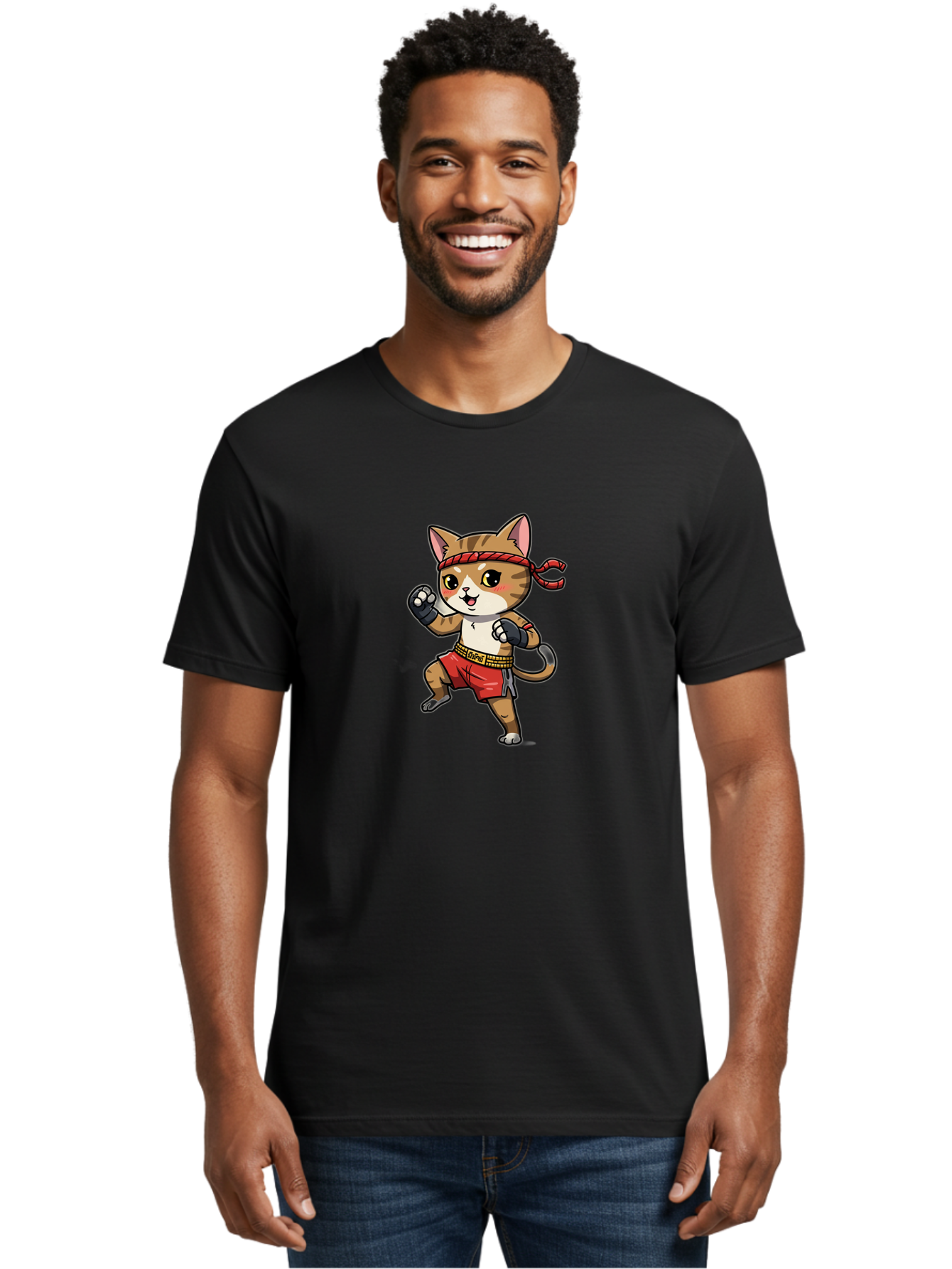 Muay-Thai-Kitten Men'S Graphic Tee, 100% Cotton, Comfortable Casual Summer Wear, Machine Washable, Cartoon Cat, Muay Thai Fighter, Martial Arts, Fighting Stance, Red Headband, Red Boxing Shorts, Black Gloves, Cute Expression, Bae562 25