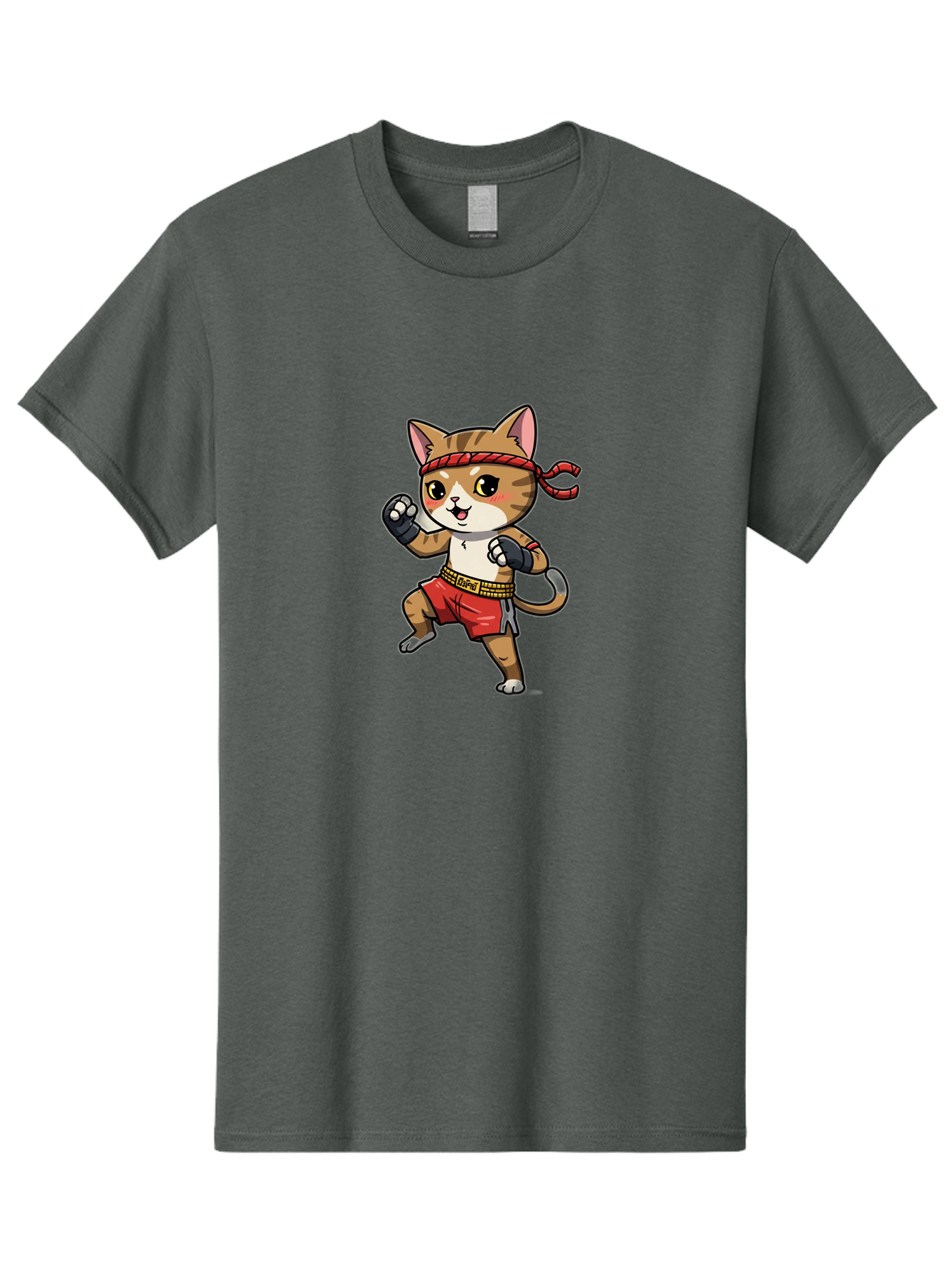 Muay-Thai-Kitten Men'S Graphic Tee, 100% Cotton, Comfortable Casual Summer Wear, Machine Washable, Cartoon Cat, Muay Thai Fighter, Martial Arts, Fighting Stance, Red Headband, Red Boxing Shorts, Black Gloves, Cute Expression, Bae562 3