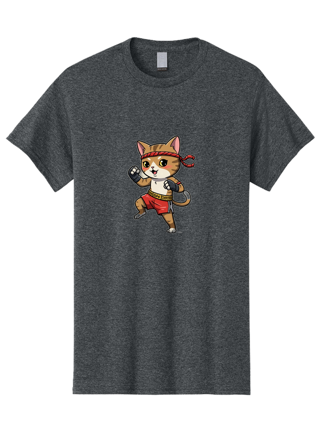 Muay-Thai-Kitten Men'S Graphic Tee, 100% Cotton, Comfortable Casual Summer Wear, Machine Washable, Cartoon Cat, Muay Thai Fighter, Martial Arts, Fighting Stance, Red Headband, Red Boxing Shorts, Black Gloves, Cute Expression, Bae562 6