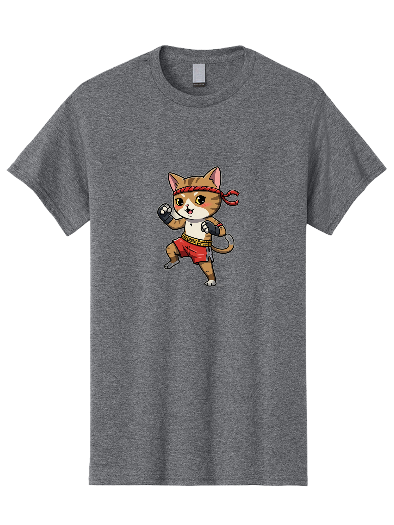 Muay-Thai-Kitten Men'S Graphic Tee, 100% Cotton, Comfortable Casual Summer Wear, Machine Washable, Cartoon Cat, Muay Thai Fighter, Martial Arts, Fighting Stance, Red Headband, Red Boxing Shorts, Black Gloves, Cute Expression, Bae562 1