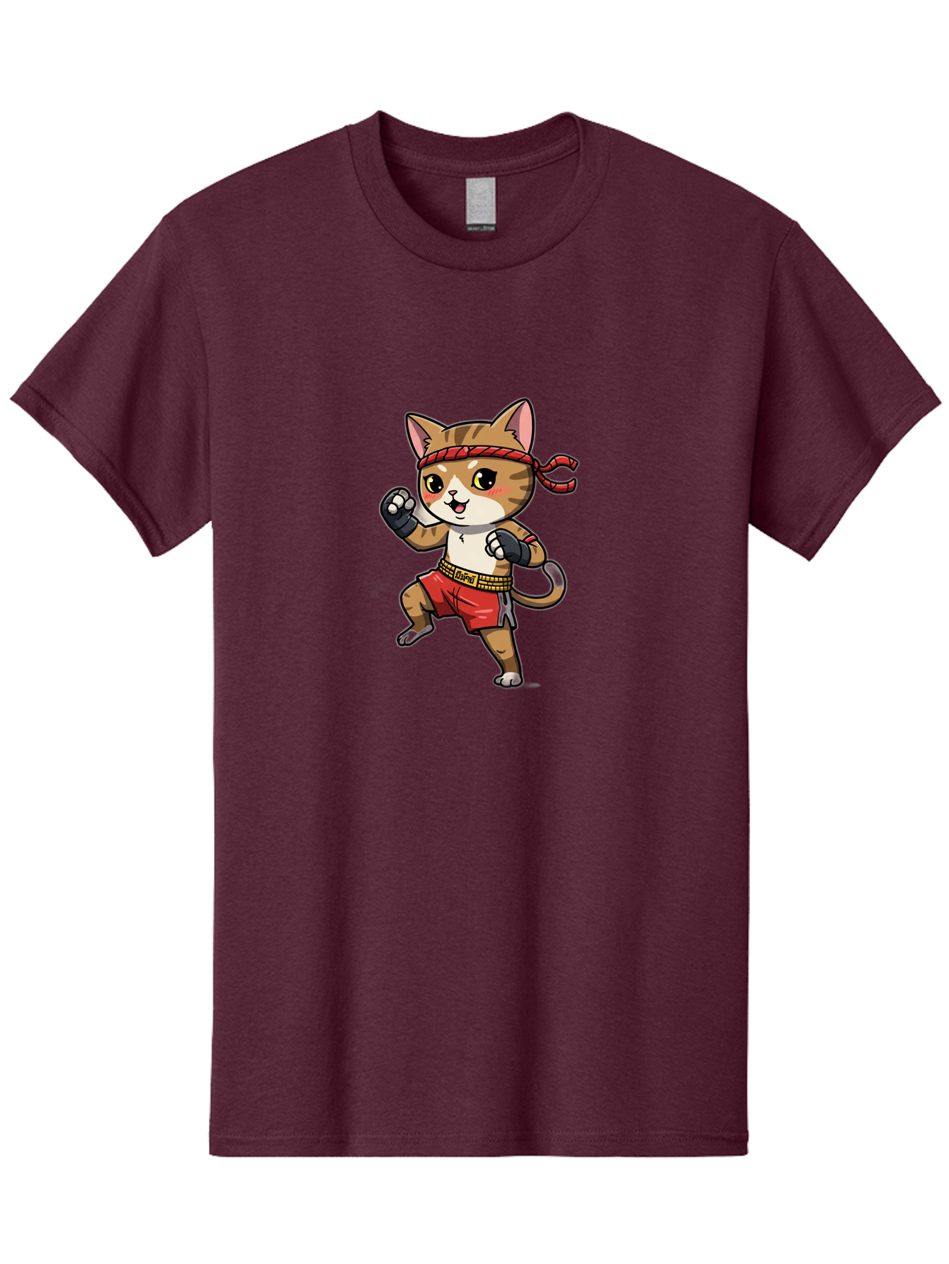 Muay-Thai-Kitten Men'S Graphic Tee, 100% Cotton, Comfortable Casual Summer Wear, Machine Washable, Cartoon Cat, Muay Thai Fighter, Martial Arts, Fighting Stance, Red Headband, Red Boxing Shorts, Black Gloves, Cute Expression, Bae562 4