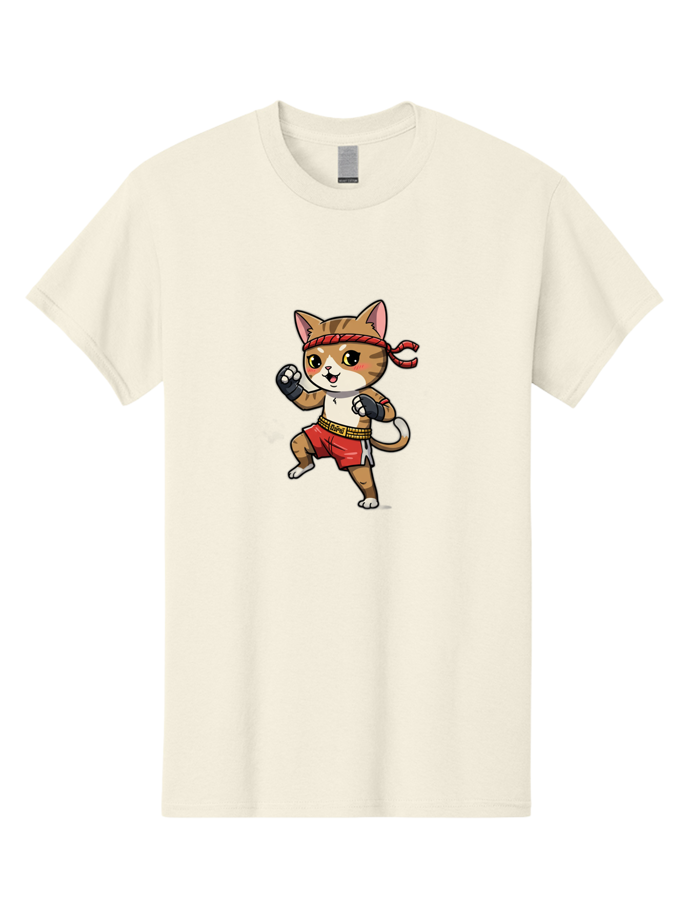 Muay-Thai-Kitten Men'S Graphic Tee, 100% Cotton, Comfortable Casual Summer Wear, Machine Washable, Cartoon Cat, Muay Thai Fighter, Martial Arts, Fighting Stance, Red Headband, Red Boxing Shorts, Black Gloves, Cute Expression, Bae562 9