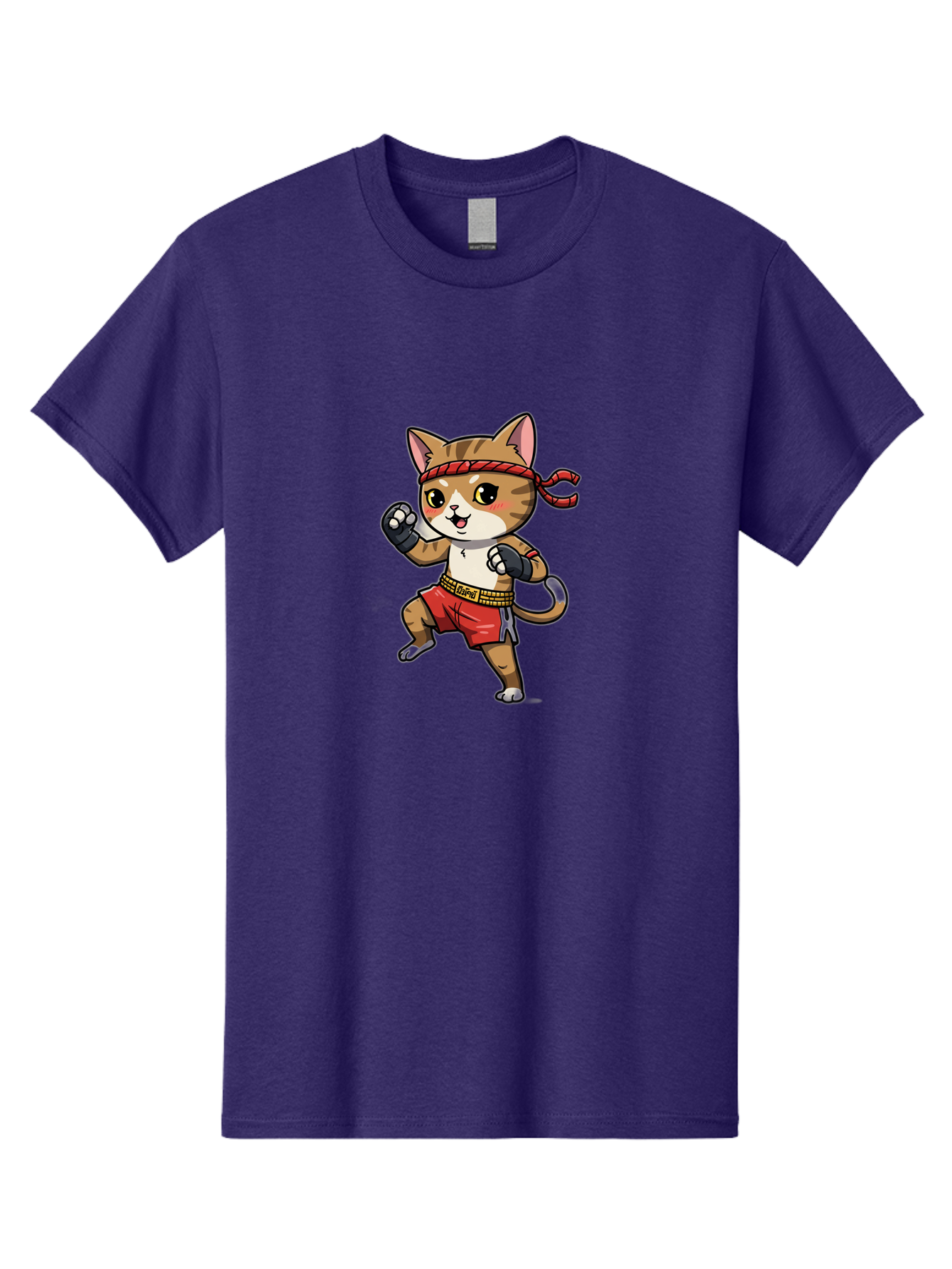 Muay-Thai-Kitten Men'S Graphic Tee, 100% Cotton, Comfortable Casual Summer Wear, Machine Washable, Cartoon Cat, Muay Thai Fighter, Martial Arts, Fighting Stance, Red Headband, Red Boxing Shorts, Black Gloves, Cute Expression, Bae562 2
