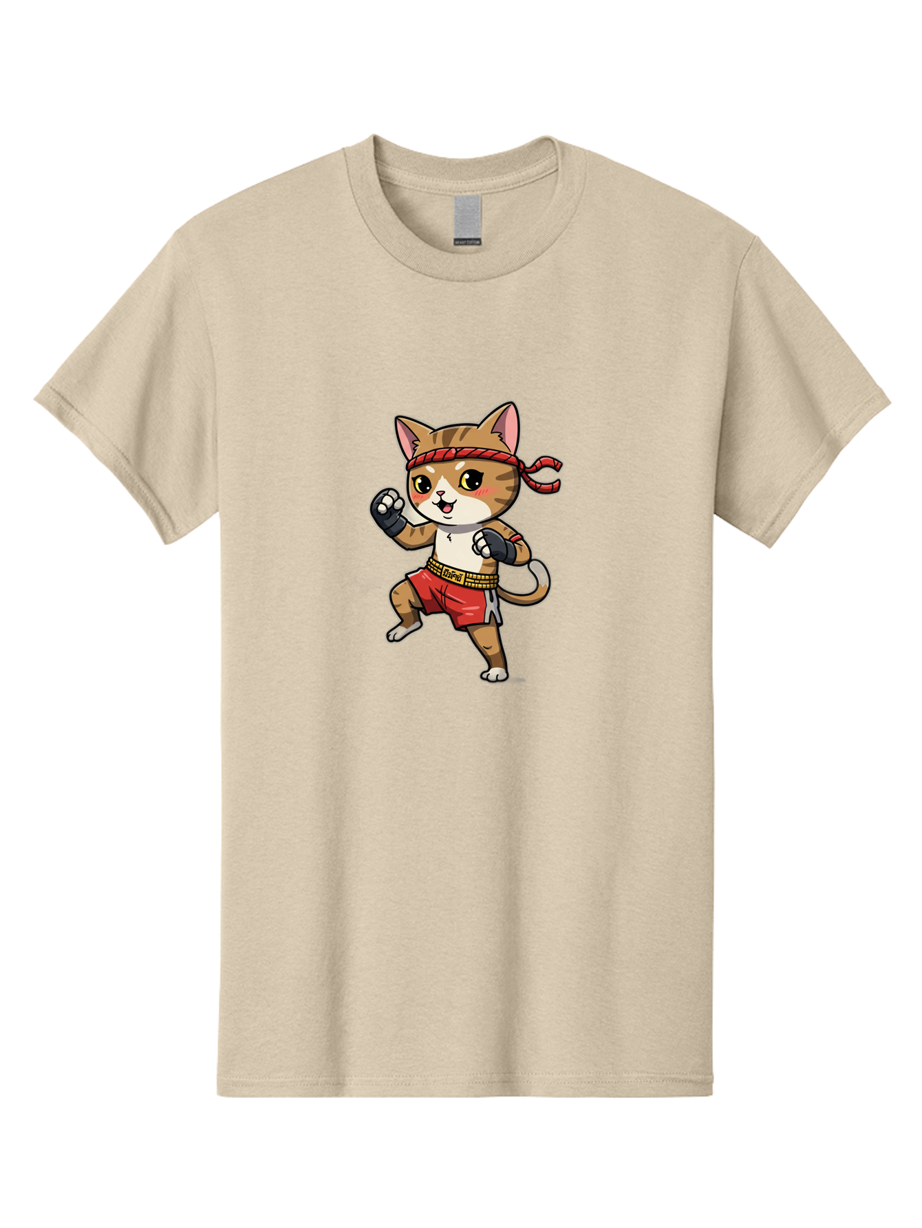 Muay-Thai-Kitten Men'S Graphic Tee, 100% Cotton, Comfortable Casual Summer Wear, Machine Washable, Cartoon Cat, Muay Thai Fighter, Martial Arts, Fighting Stance, Red Headband, Red Boxing Shorts, Black Gloves, Cute Expression, Bae562 8