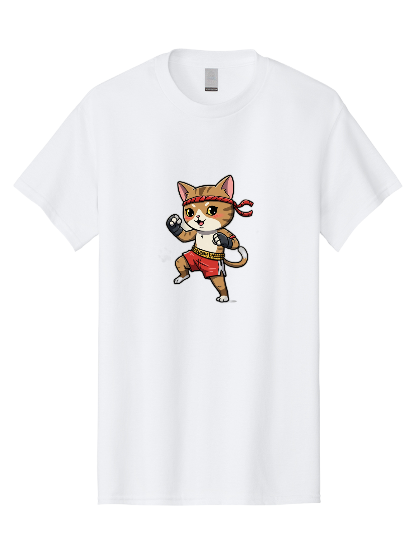 Muay-Thai-Kitten Men'S Graphic Tee, 100% Cotton, Comfortable Casual Summer Wear, Machine Washable, Cartoon Cat, Muay Thai Fighter, Martial Arts, Fighting Stance, Red Headband, Red Boxing Shorts, Black Gloves, Cute Expression, Bae562 12
