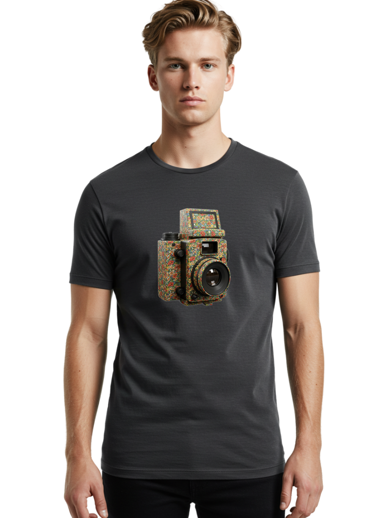 Multicolored-Camera Men'S Graphic Tee, 100% Cotton, Comfortable Casual Summer Wear, Machine Washable, Multicolored Paint Splatters, Artistic Camera Design, Vibrant Decor, Photography Equipment, Creative Expression, Unique Art Piece, Bae565 23