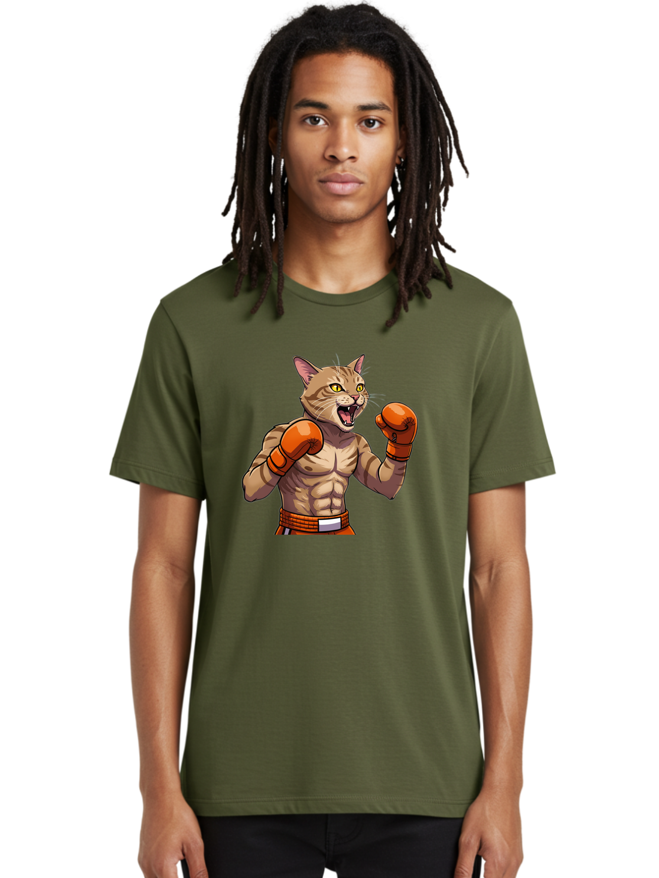 Muscle-Cat-Boxer Men'S Graphic Tee, 100% Cotton, Comfortable Casual Summer Wear, Machine Washable, Cartoon Muscular Cat, Boxing Gloves, Fierce Expression, Strong Physique, Funny Animal, Cartoon Character, Feline Boxer, Comic Art, Bae566 23