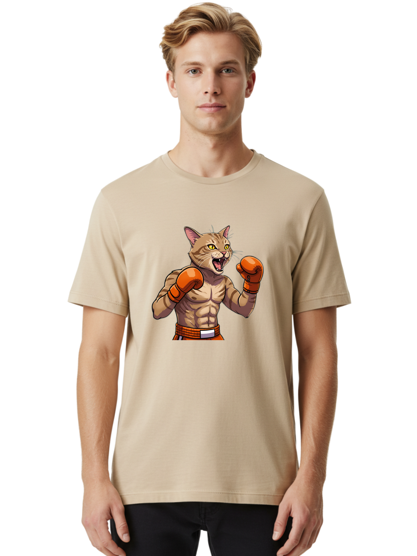 Muscle-Cat-Boxer Men'S Graphic Tee, 100% Cotton, Comfortable Casual Summer Wear, Machine Washable, Cartoon Muscular Cat, Boxing Gloves, Fierce Expression, Strong Physique, Funny Animal, Cartoon Character, Feline Boxer, Comic Art, Bae566 26