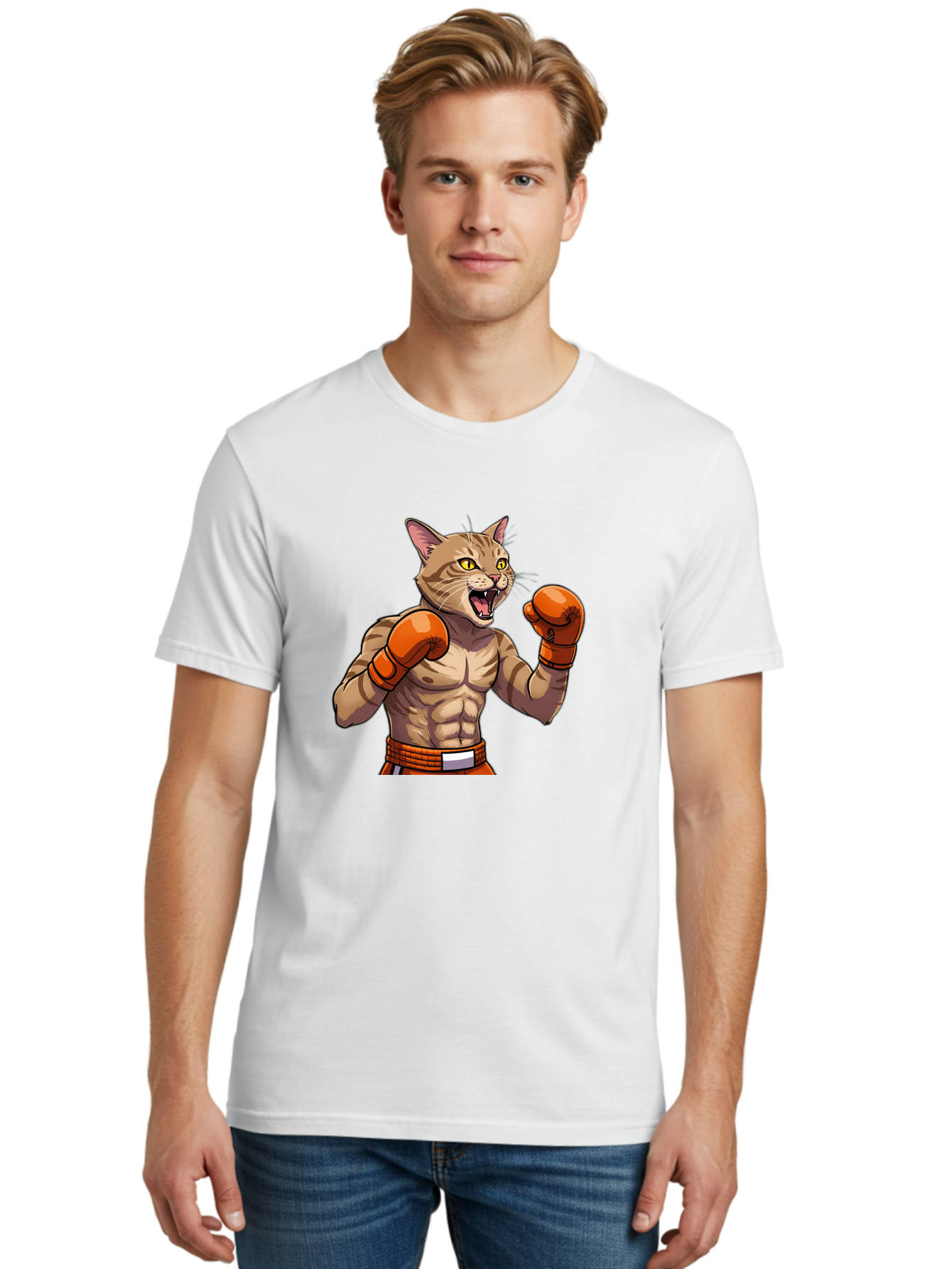 Muscle-Cat-Boxer Men'S Graphic Tee, 100% Cotton, Comfortable Casual Summer Wear, Machine Washable, Cartoon Muscular Cat, Boxing Gloves, Fierce Expression, Strong Physique, Funny Animal, Cartoon Character, Feline Boxer, Comic Art, Bae566 17