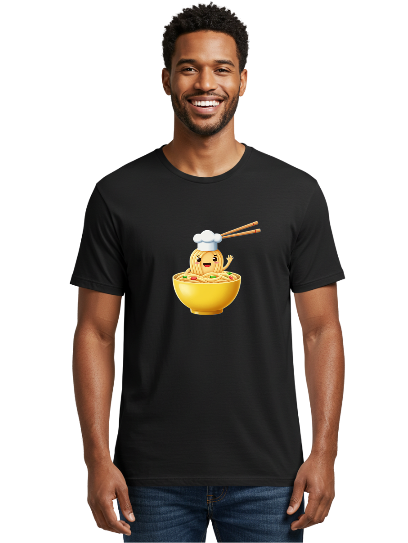 Noodle-Character-In-Yellow-Bowl Men'S Graphic Tee, 100% Cotton, Comfortable Casual Summer Wear, Machine Washable, Cartoon Noodles, Chef Hat, Chopsticks, Smiling Face, Waving Hand, Yellow Bowl, Green Peas, Red Peppers, Funny Character, Bae567 21