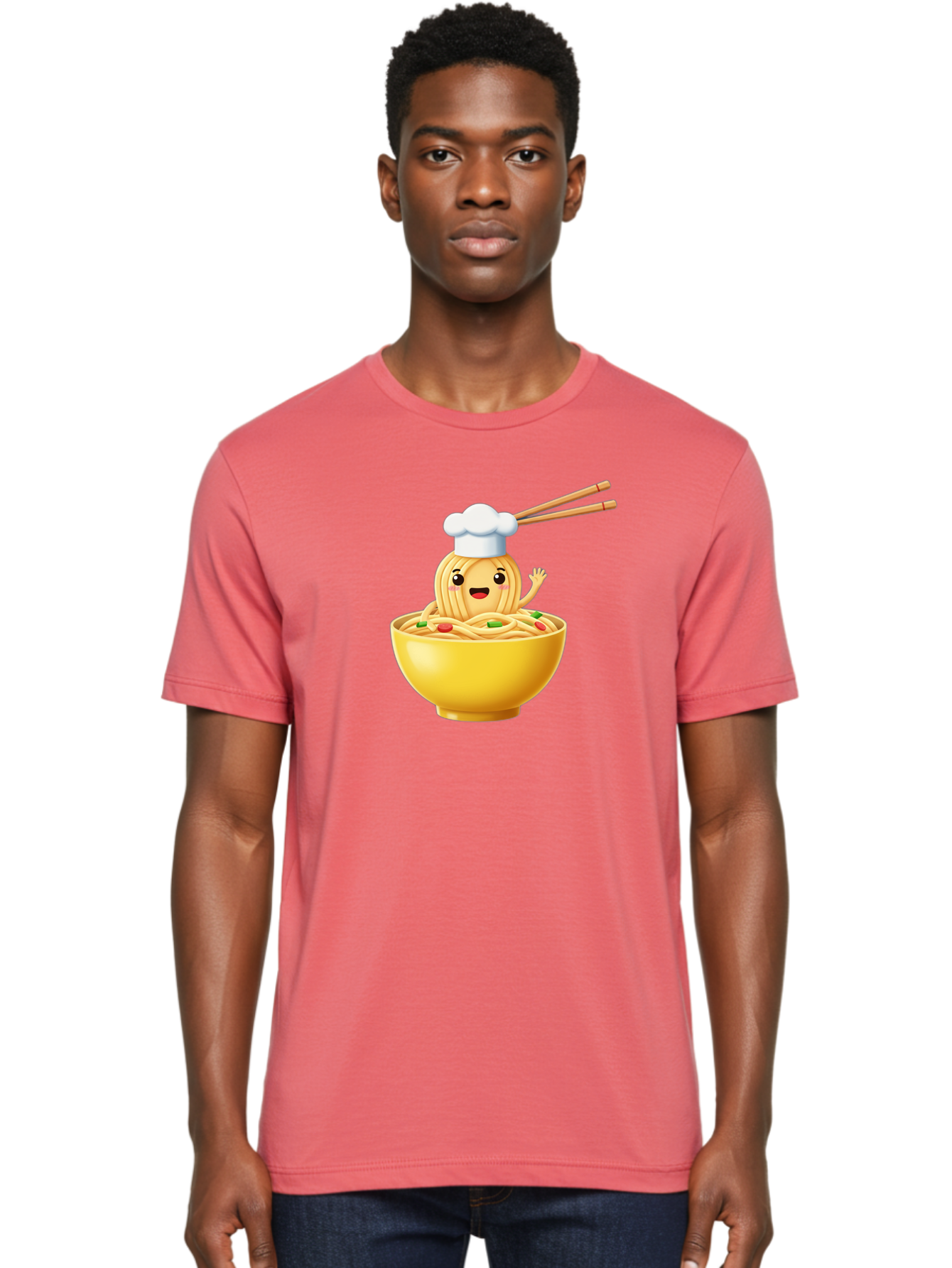 Noodle-Character-In-Yellow-Bowl Men'S Graphic Tee, 100% Cotton, Comfortable Casual Summer Wear, Machine Washable, Cartoon Noodles, Chef Hat, Chopsticks, Smiling Face, Waving Hand, Yellow Bowl, Green Peas, Red Peppers, Funny Character, Bae567 26
